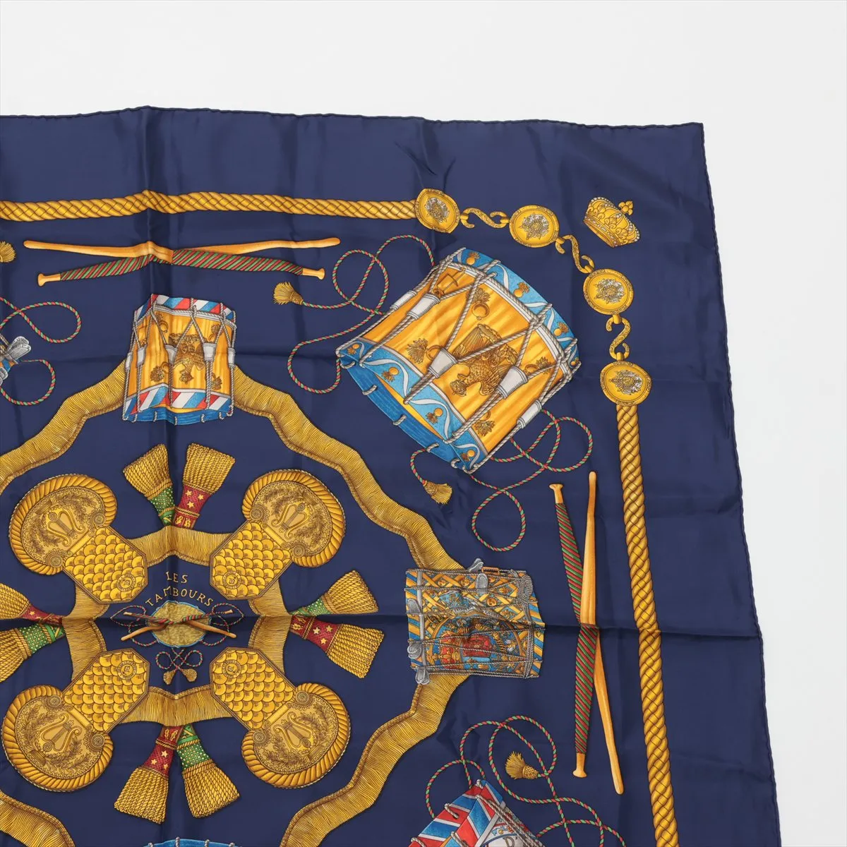 Carre 90 LES TAMBOURS Drum Scarf, Silk, Navy, — view 3