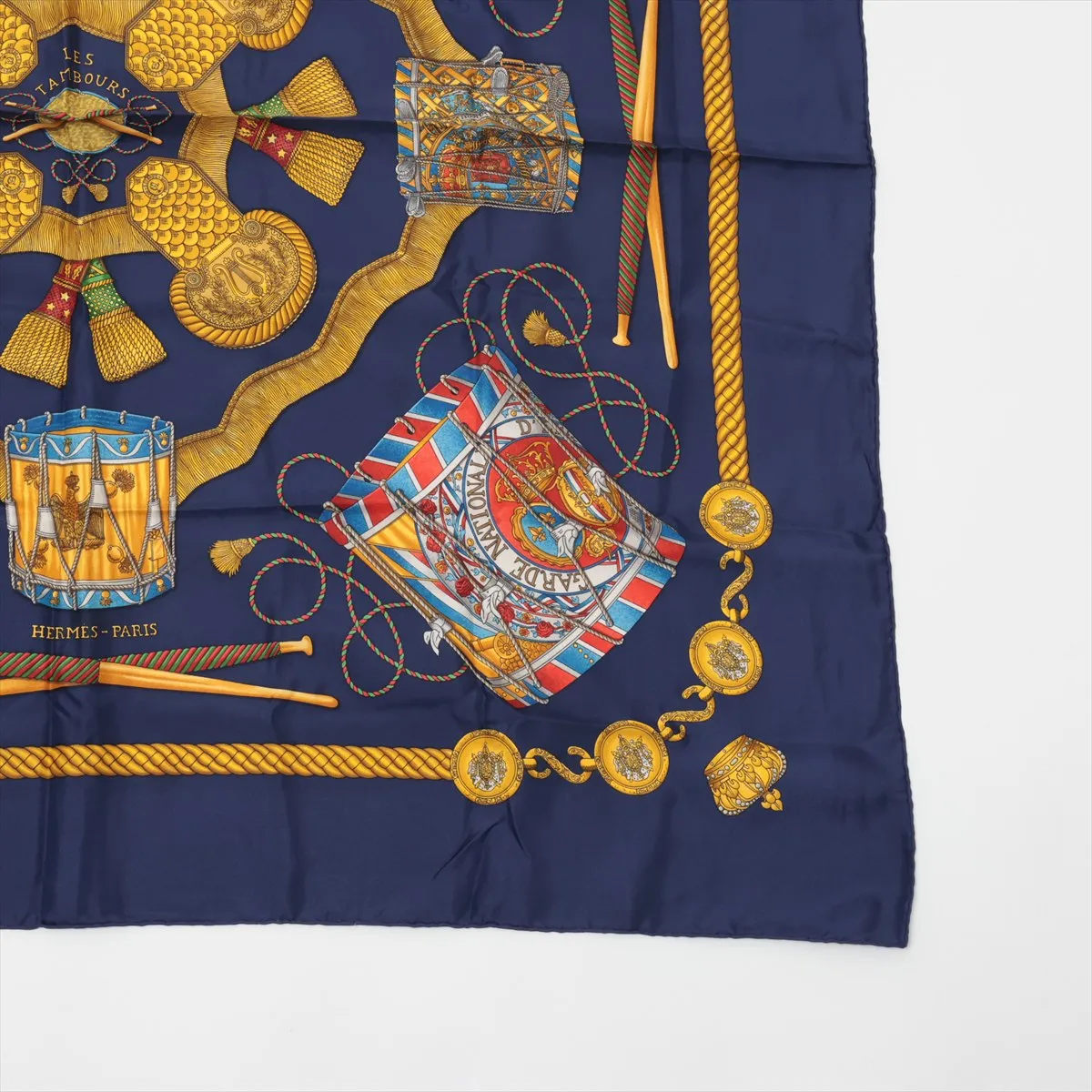 Carre 90 LES TAMBOURS Drum Scarf, Silk, Navy, — view 4