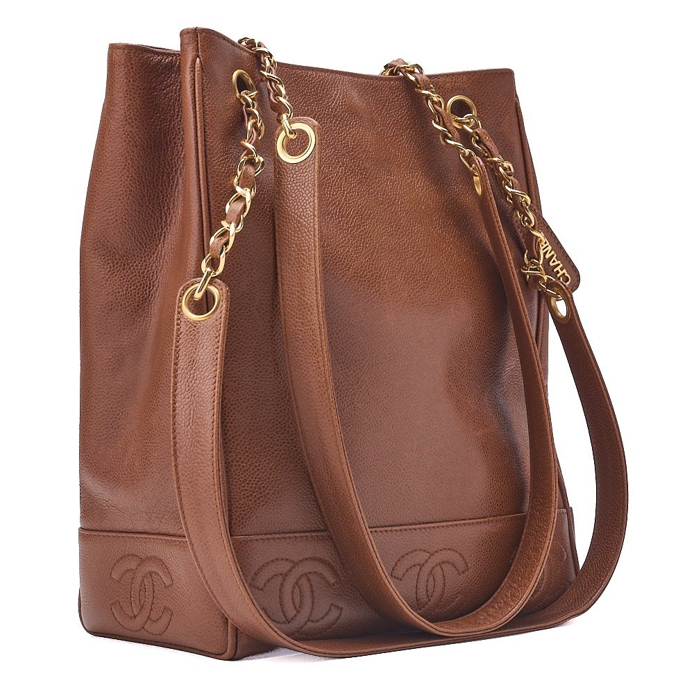 Caviar Skin Triple Coco Chain Shoulder Bag, Brown — view 3