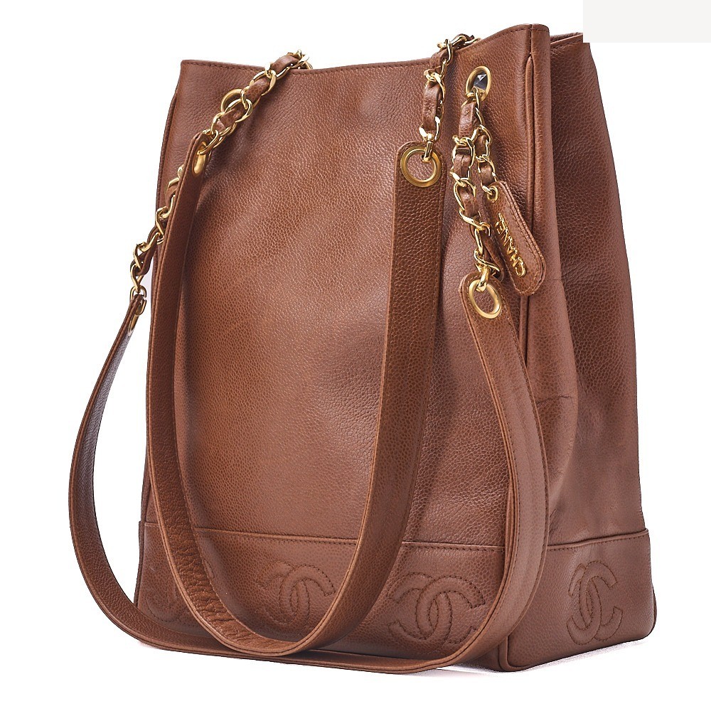 Caviar Skin Triple Coco Chain Shoulder Bag, Brown — view 4