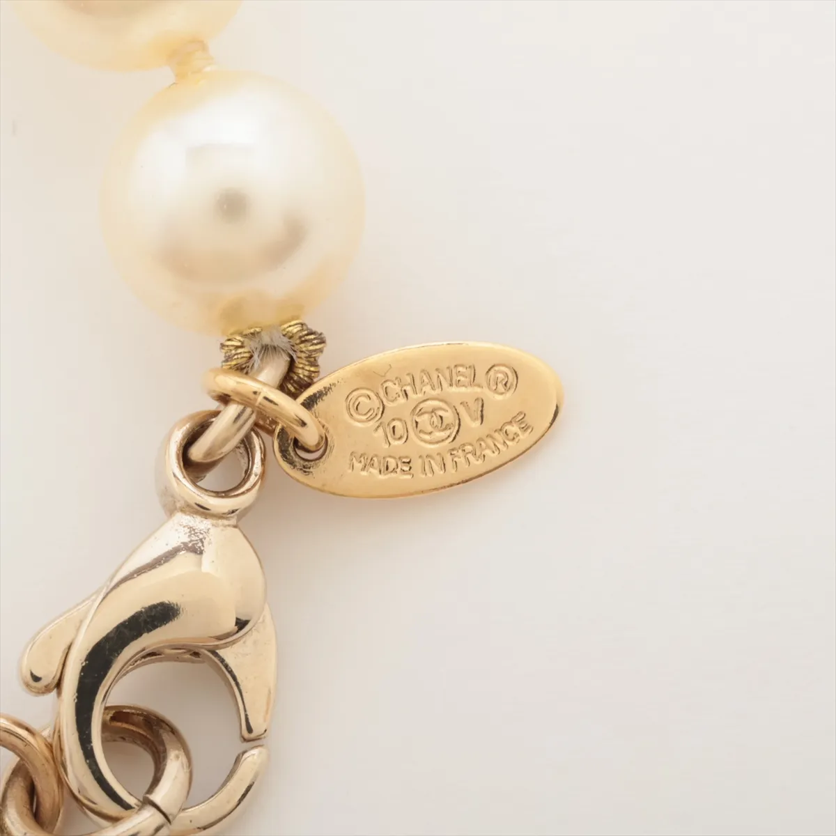 Coco Mark 10V Necklace, GP x Faux Pearl, Gold. Shows signs of wear, — view 5