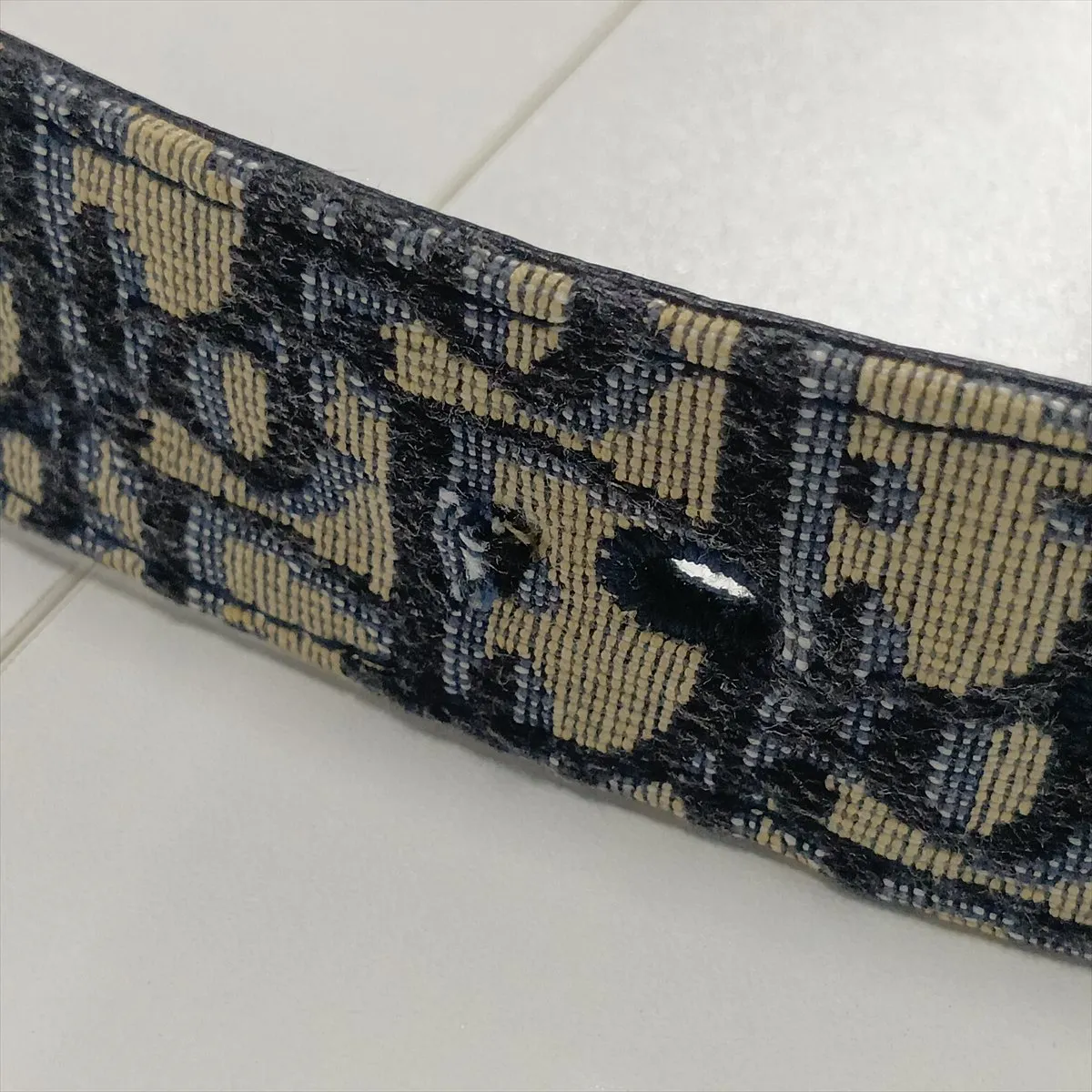 Oblique Belt, GP x Fabric, Navy x Beige. Shows signs of wear including — view 6