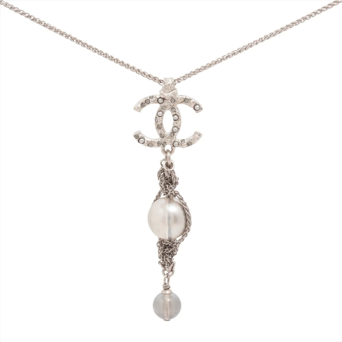 Coco Mark A18A Necklace, GP x Rhinestone x Faux Pearl, Silver. Shows