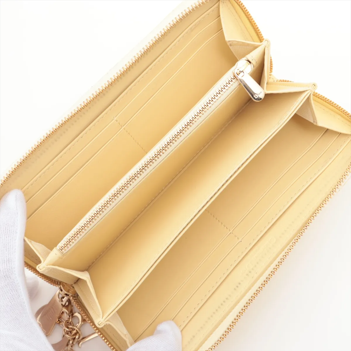 Lady Dior Cannage Patent Leather Round Zip Wallet Yellow — view 3