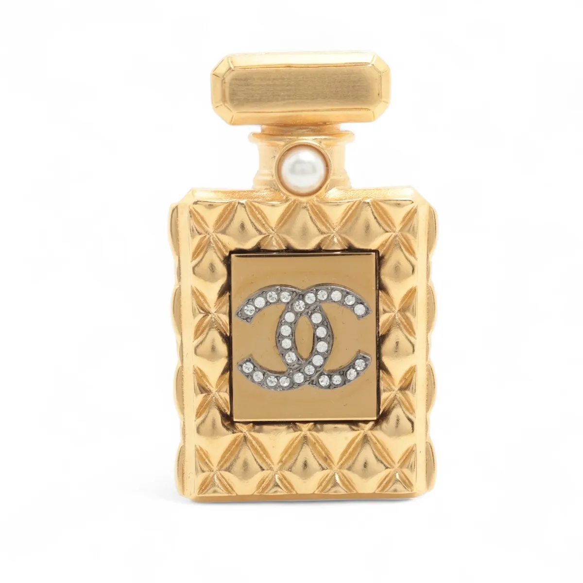 Coco Mark Perfume Bottle F20A Brooch, Gold Plated with Rhinestones and Faux Pearls. Shows