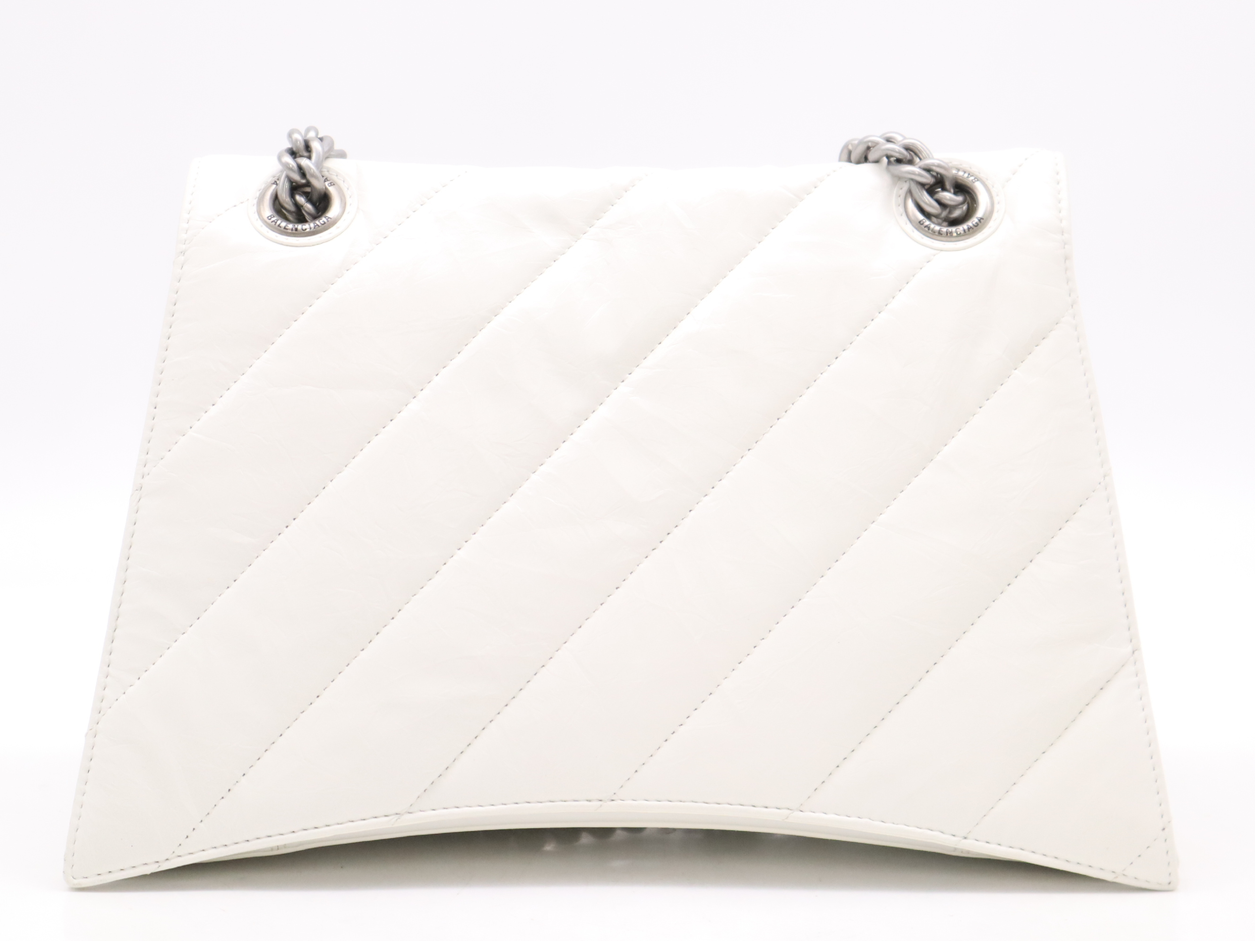 Leather Crushed Chain Shoulder Bag, White, Silver Hardware — view 2