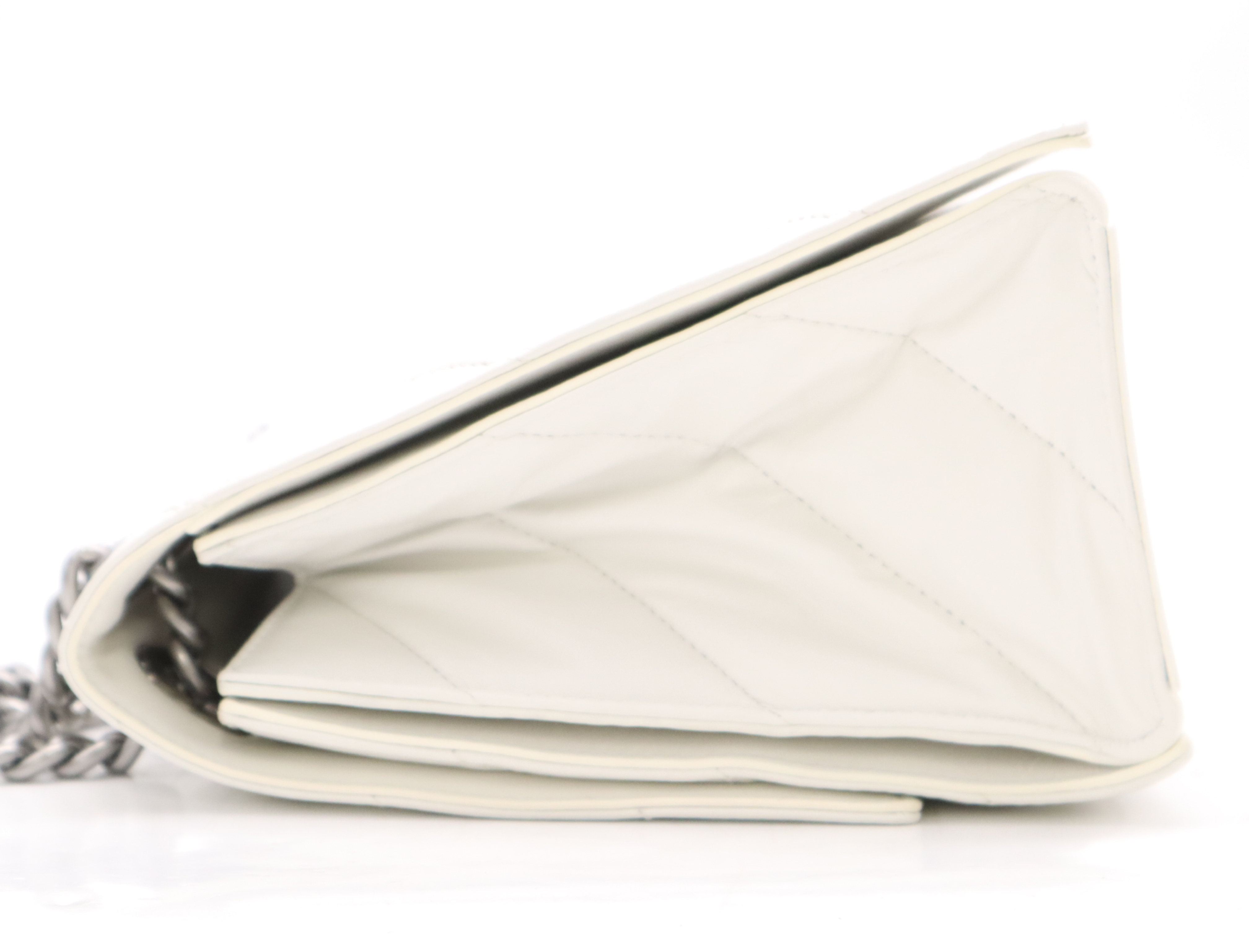 Leather Crushed Chain Shoulder Bag, White, Silver Hardware — view 3