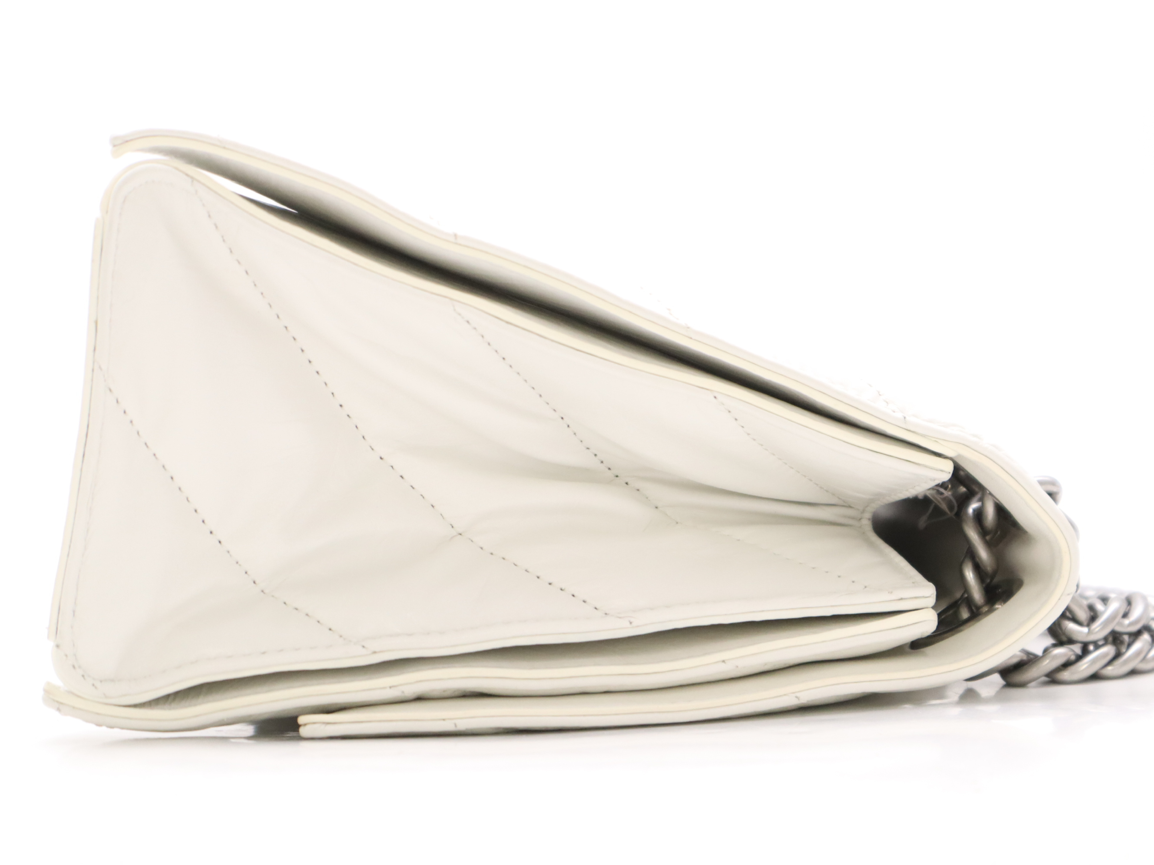 Leather Crushed Chain Shoulder Bag, White, Silver Hardware — view 5