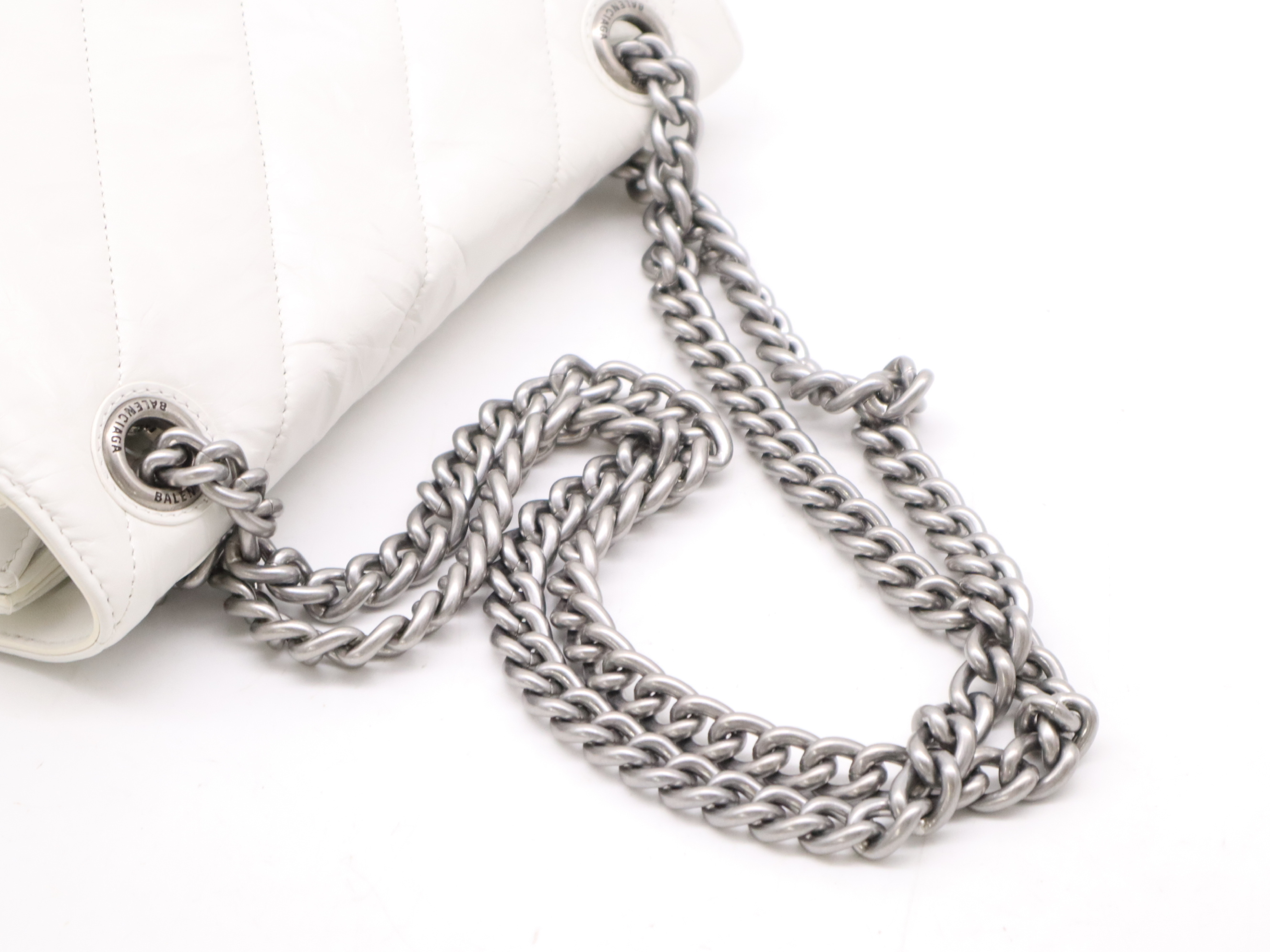 Leather Crushed Chain Shoulder Bag, White, Silver Hardware — view 6