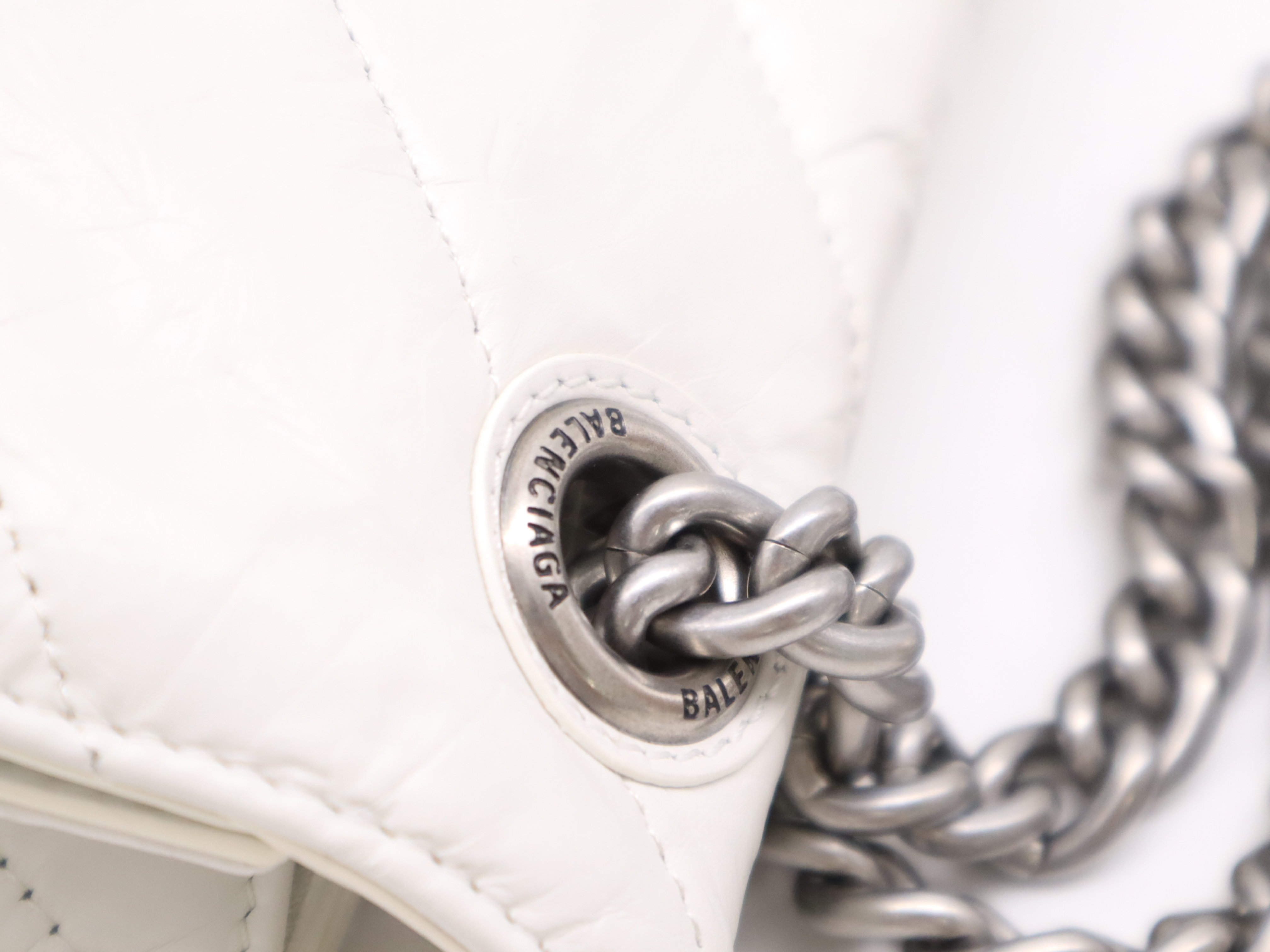 Leather Crushed Chain Shoulder Bag, White, Silver Hardware — view 7