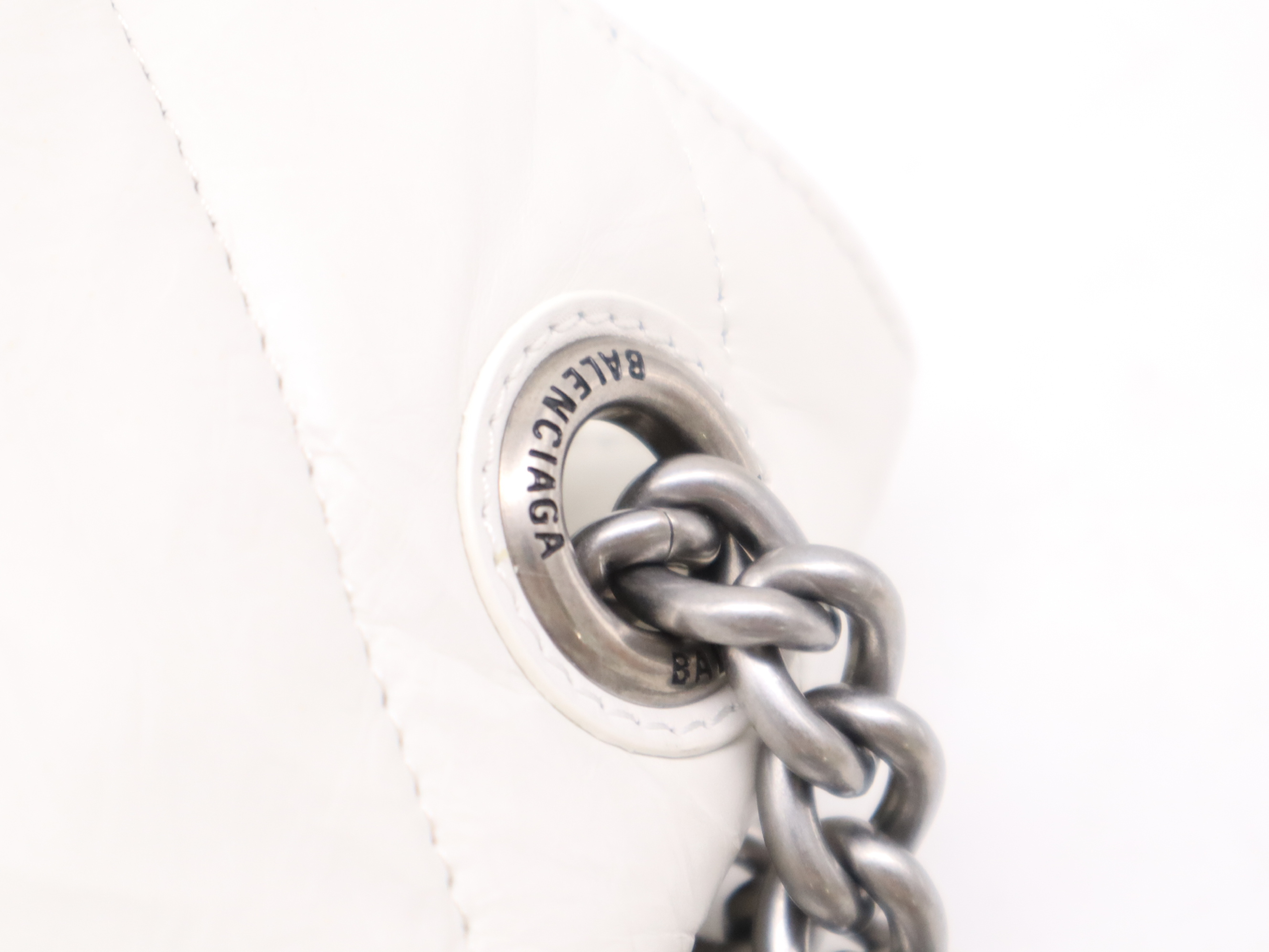Leather Crushed Chain Shoulder Bag, White, Silver Hardware — view 8