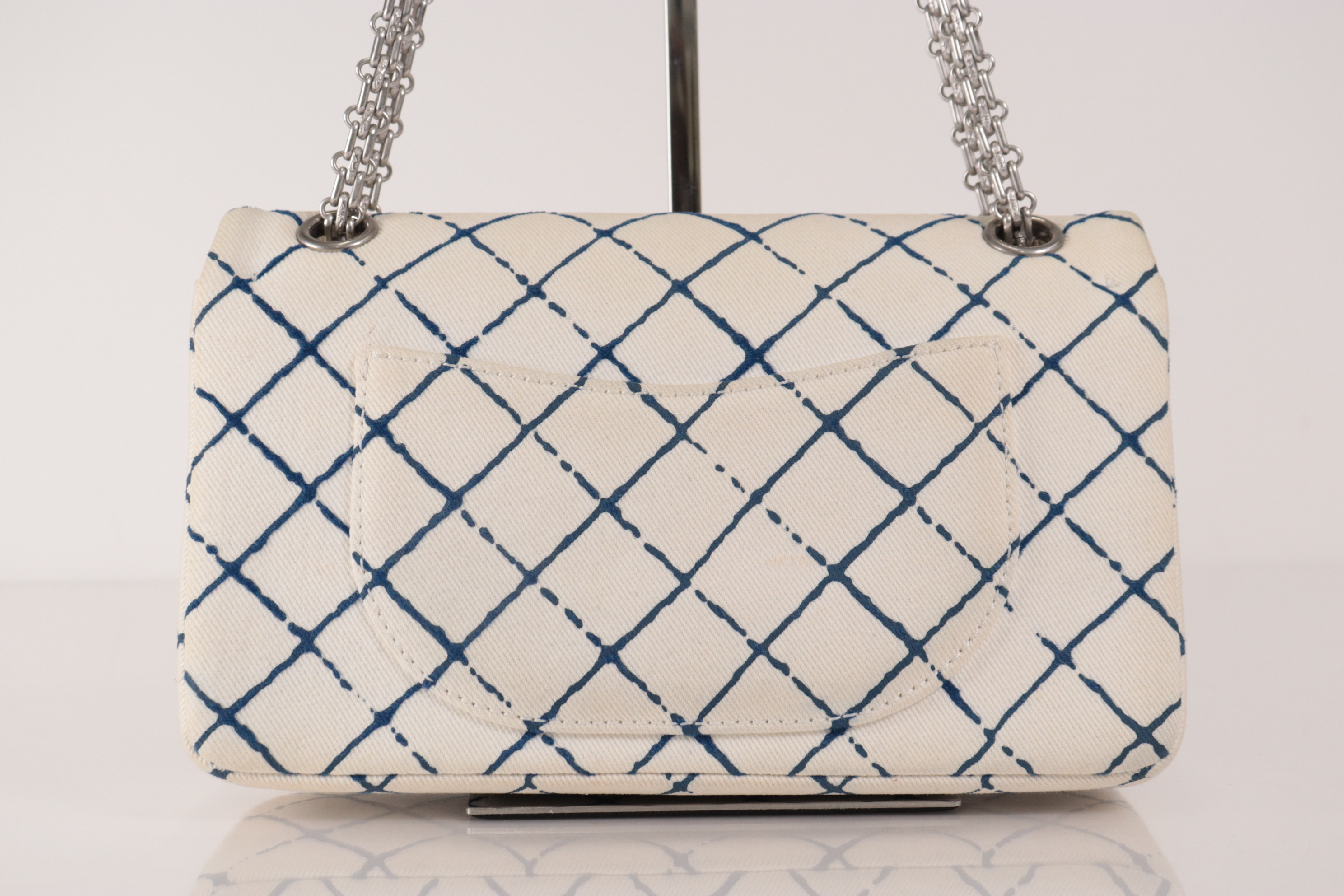 Double Flap 25 Denim 2.55 Chain Shoulder Bag, Silver Hardware, White, Serial Number 25 — view 3
