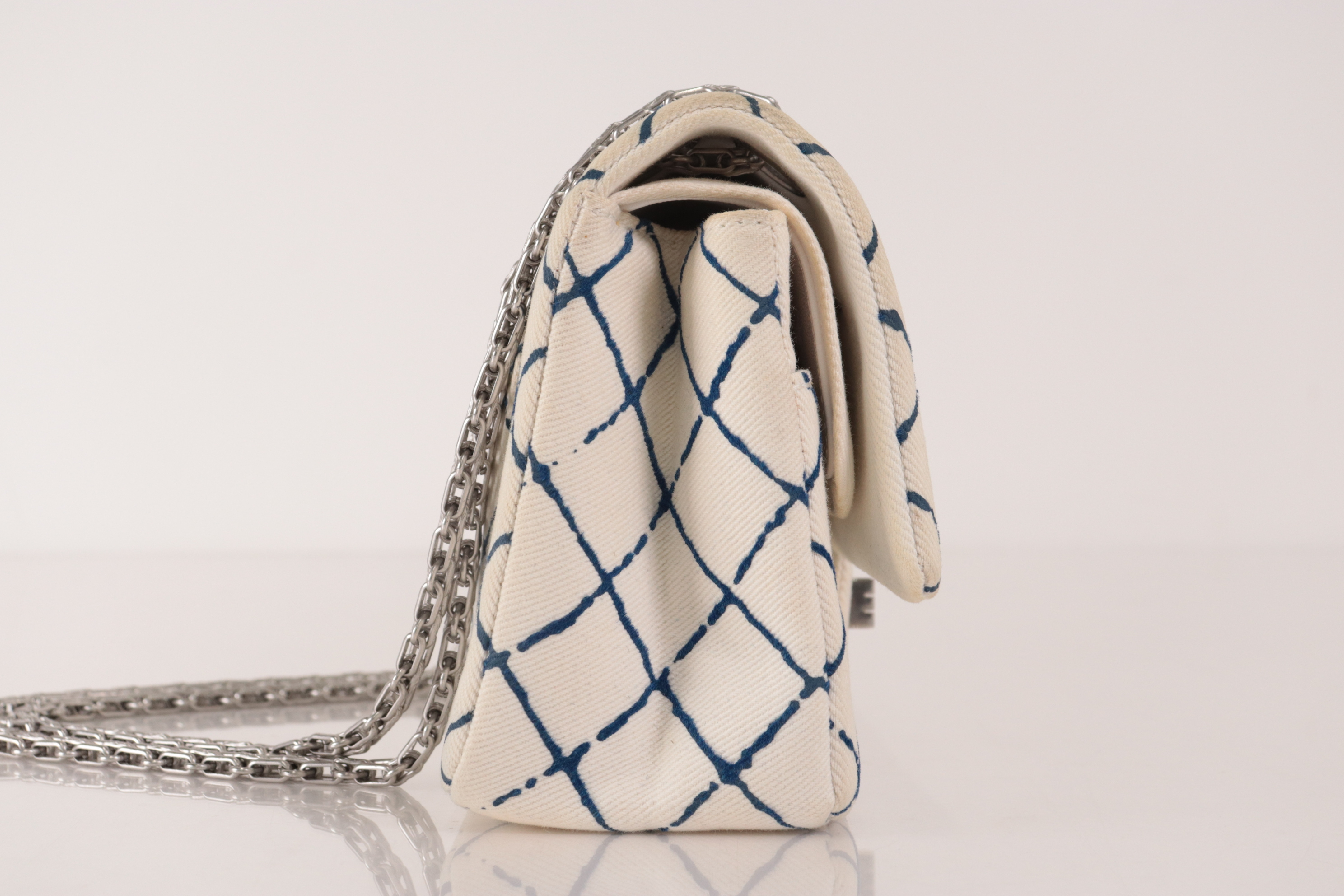 Double Flap 25 Denim 2.55 Chain Shoulder Bag, Silver Hardware, White, Serial Number 25 — view 5