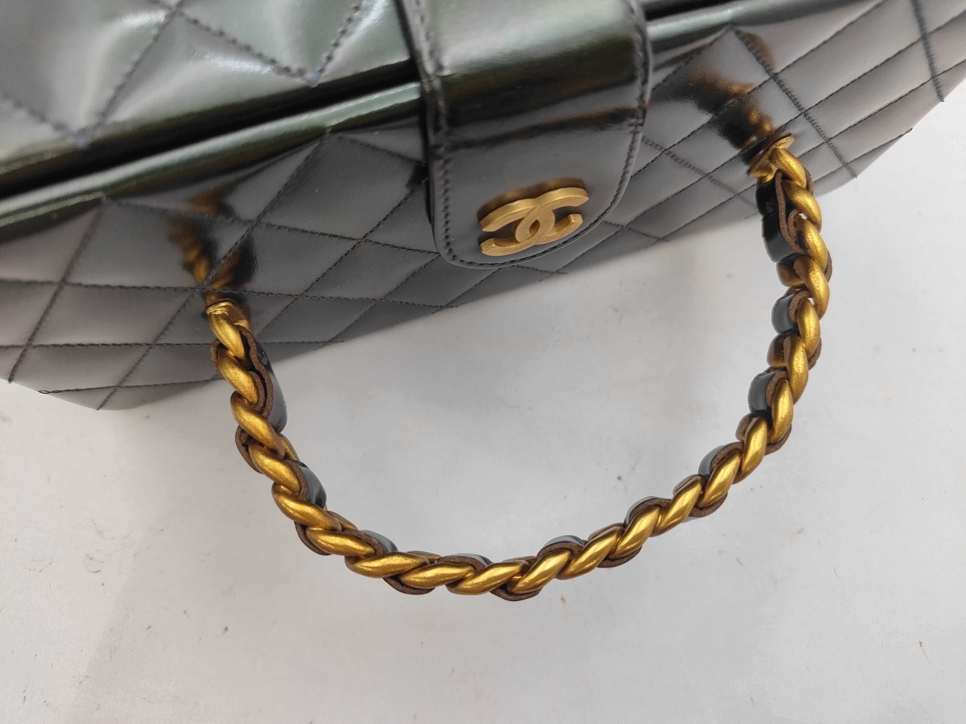 Vanity Handbag, Chain Top Handle, Matelassé, Patent Leather, Gold Hardware, Serial Number 3 Series, with Serial Seal. — view 3