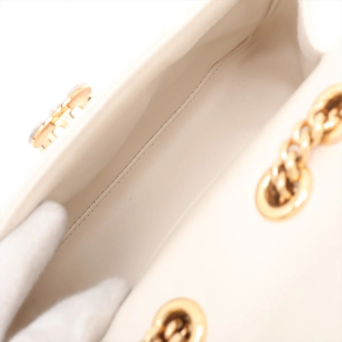 Deco Leather Chain Shoulder Bag, White, 741457 — view 6