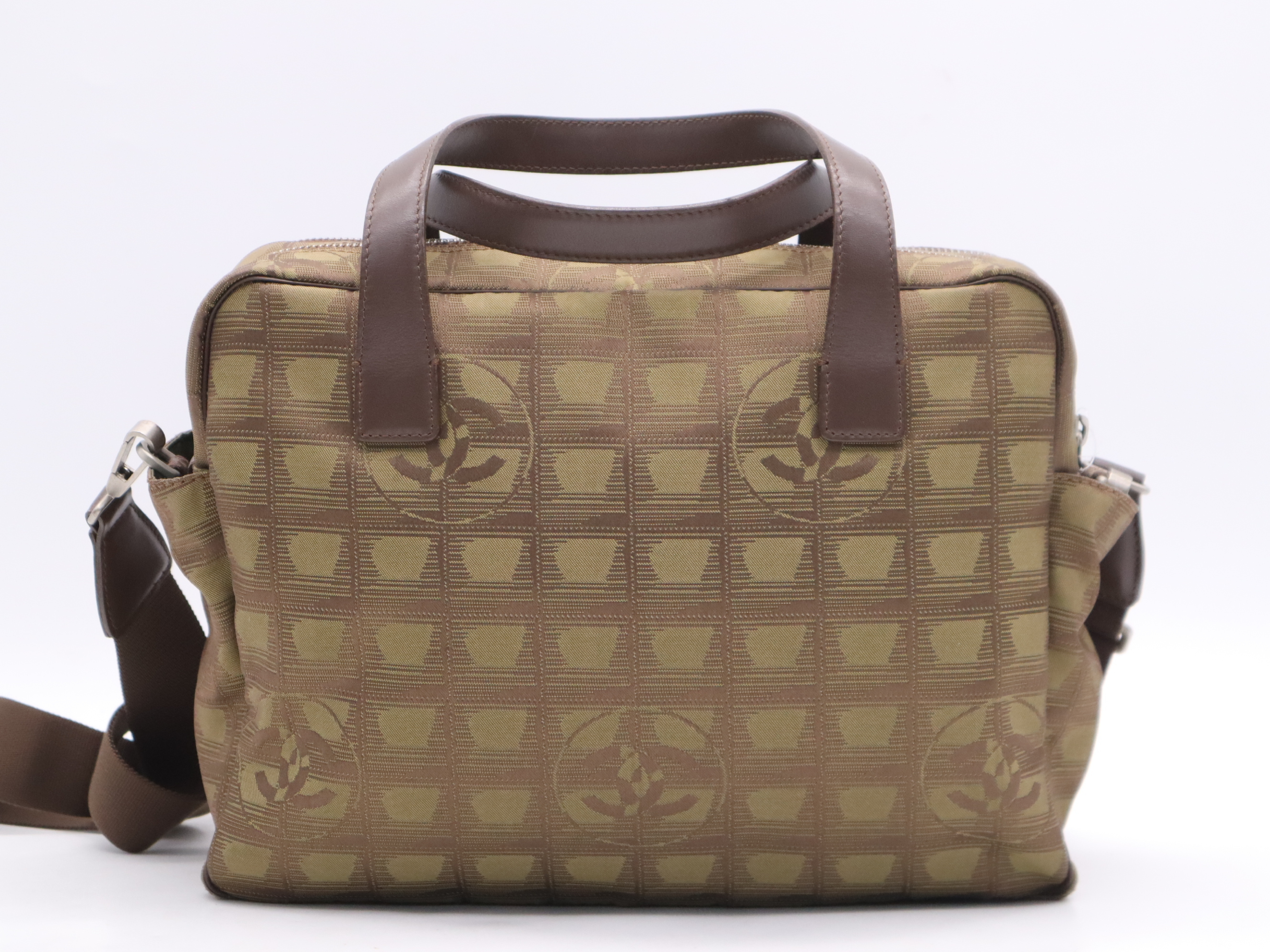 Nylon x Leather New Travel Line Handbag, Khaki, Silver Hardware, with Shoulder Strap, Card, Seal, and Box. — view 2