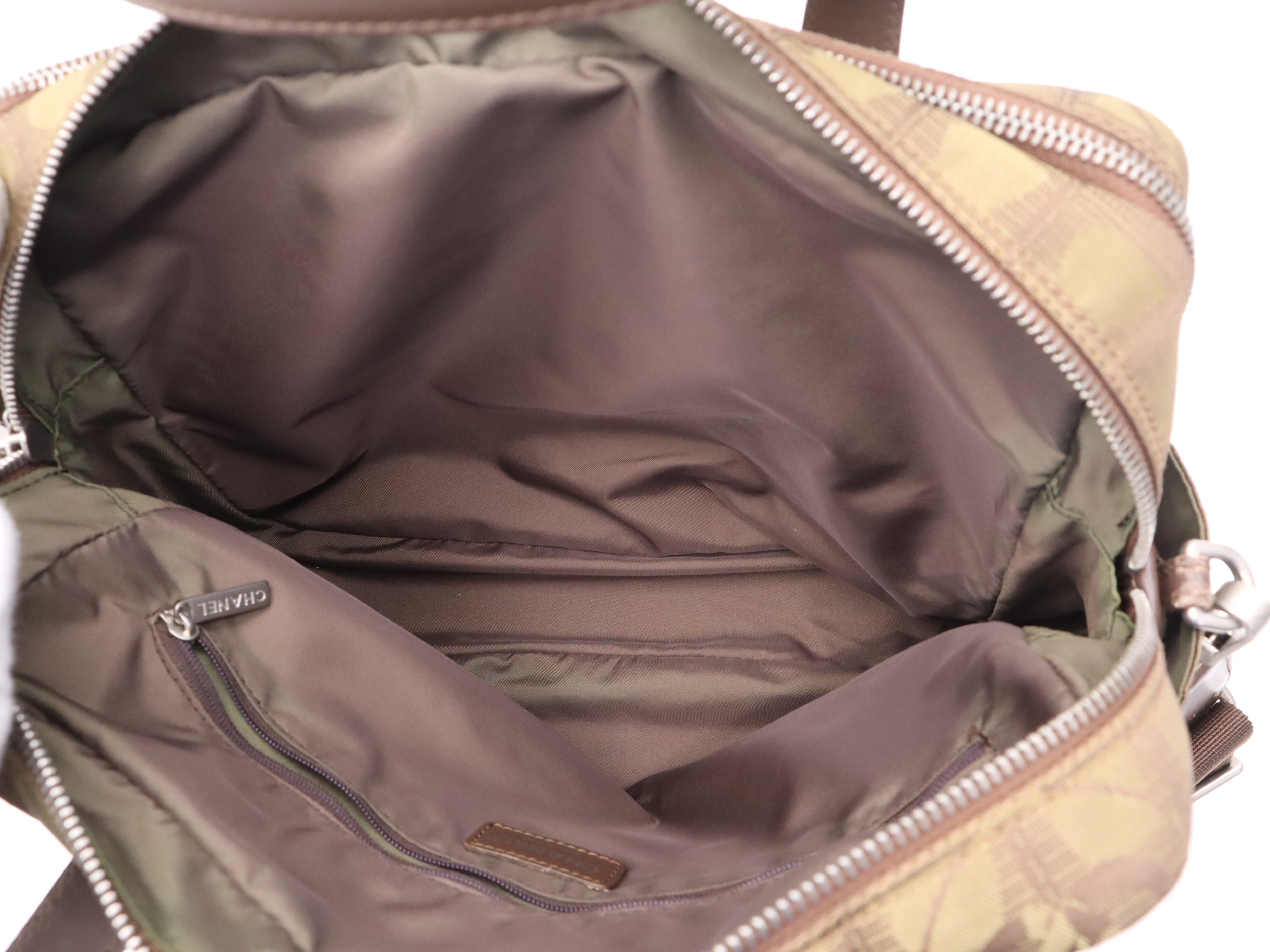 Nylon x Leather New Travel Line Handbag, Khaki, Silver Hardware, with Shoulder Strap, Card, Seal, and Box. — view 11