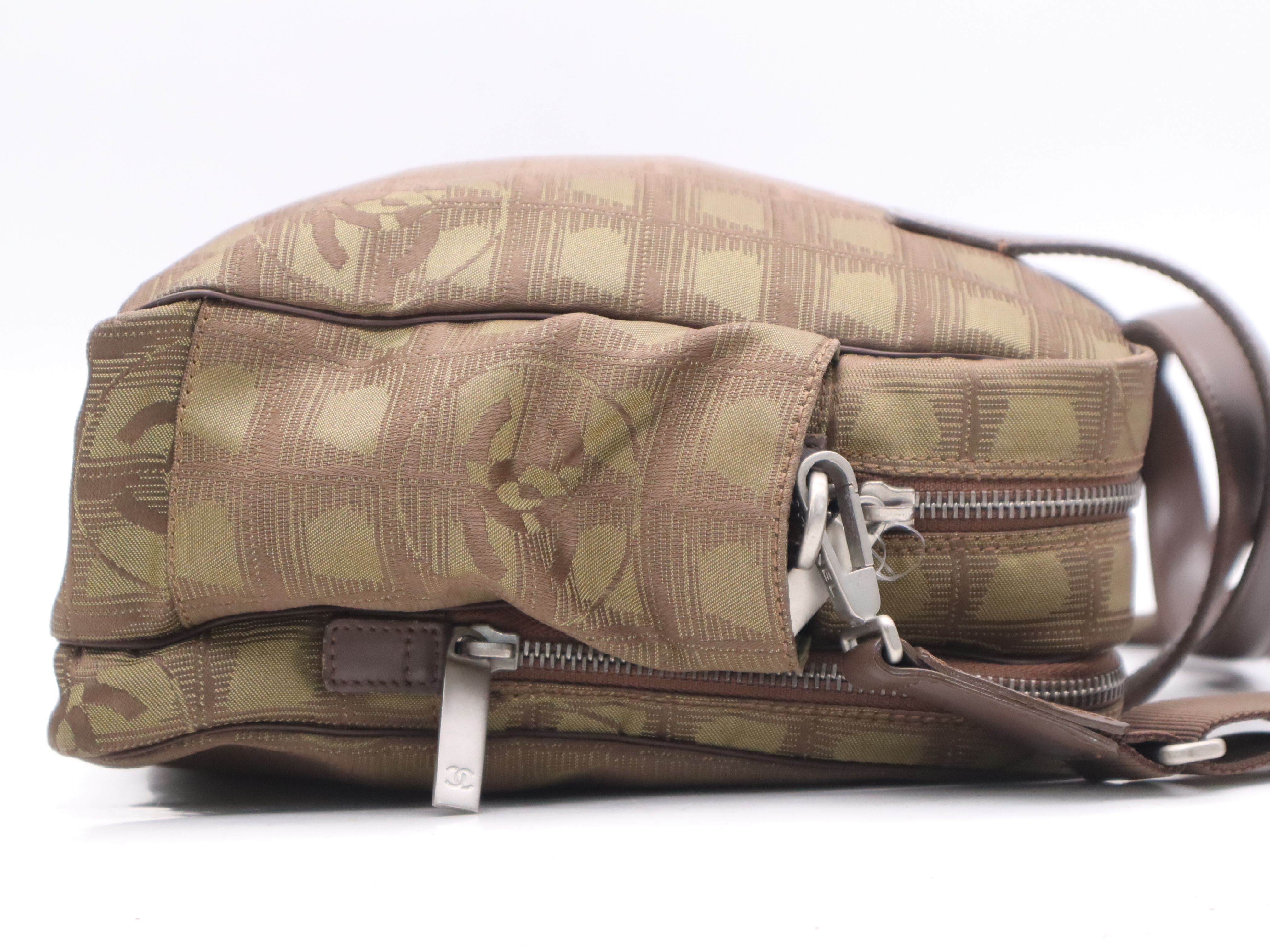 Nylon x Leather New Travel Line Handbag, Khaki, Silver Hardware, with Shoulder Strap, Card, Seal, and Box. — view 5