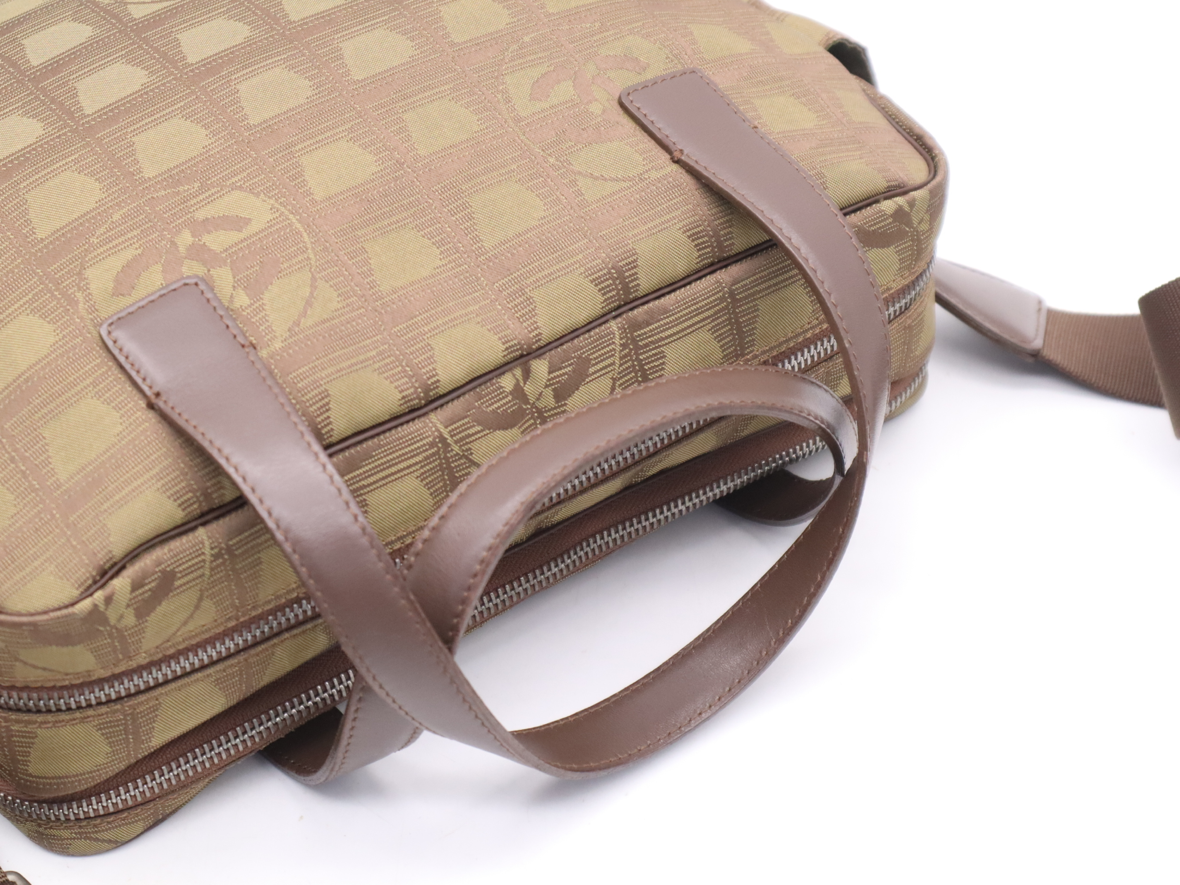 Nylon x Leather New Travel Line Handbag, Khaki, Silver Hardware, with Shoulder Strap, Card, Seal, and Box. — view 6