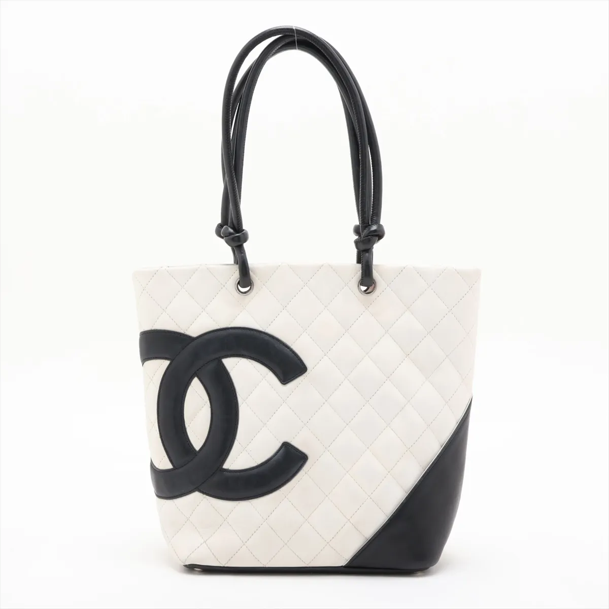 Cambon Line Leather Tote Bag, White x Black, Silver Hardware