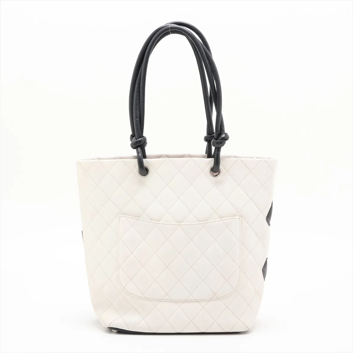Cambon Line Leather Tote Bag, White x Black, Silver Hardware — view 2