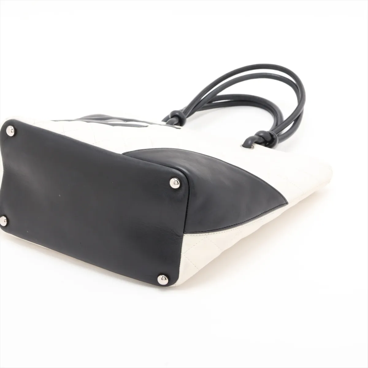 Cambon Line Leather Tote Bag, White x Black, Silver Hardware — view 3