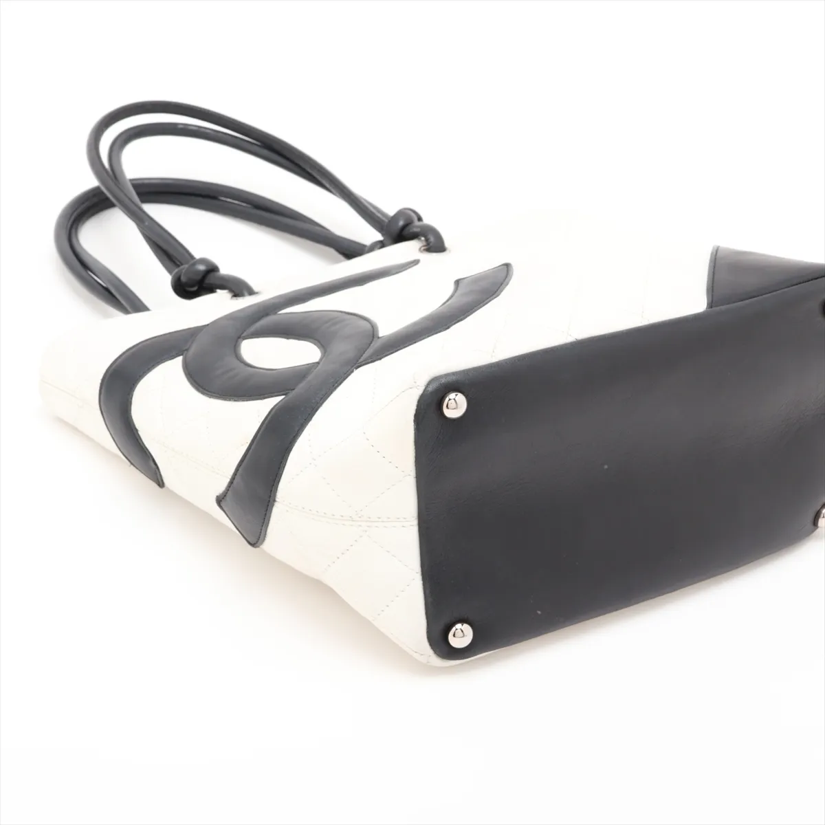 Cambon Line Leather Tote Bag, White x Black, Silver Hardware — view 4