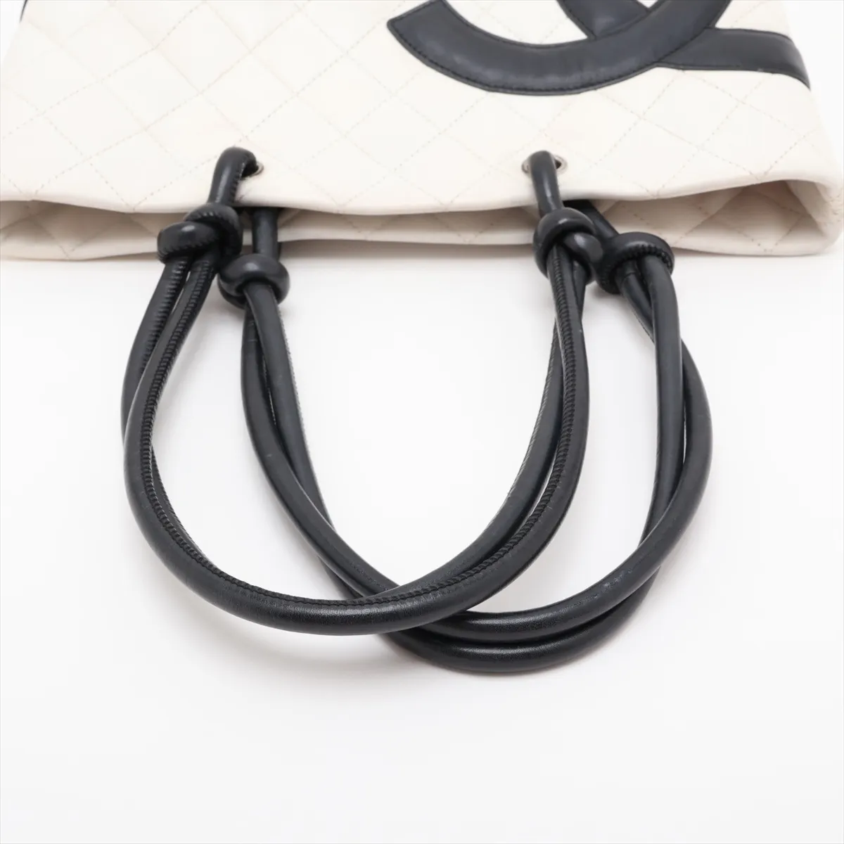 Cambon Line Leather Tote Bag, White x Black, Silver Hardware — view 5