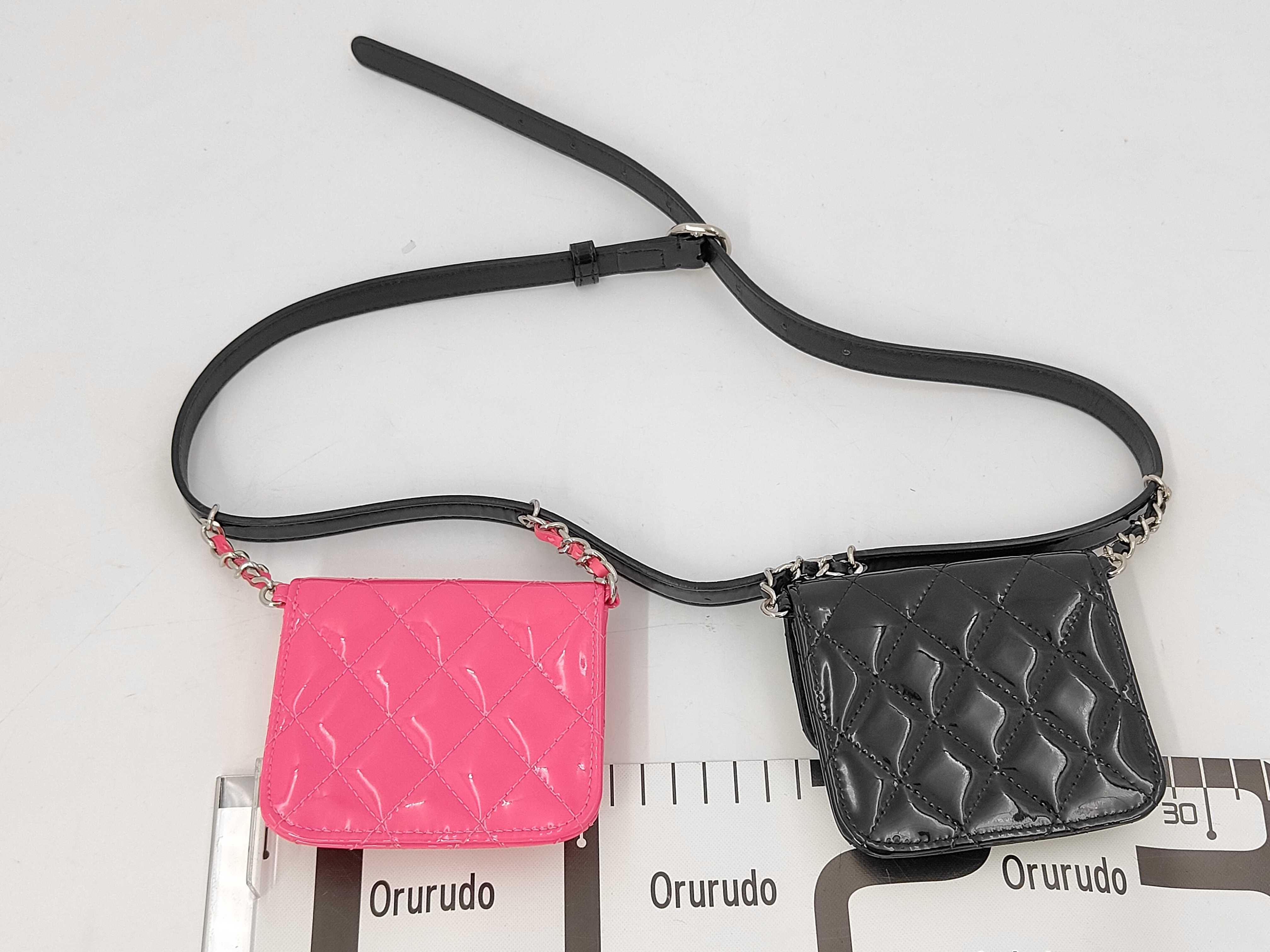 Mini Matelassé Chain Shoulder Bag, Patent Leather, Black & Pink, Silver Hardware, 2-Piece Set — view 2