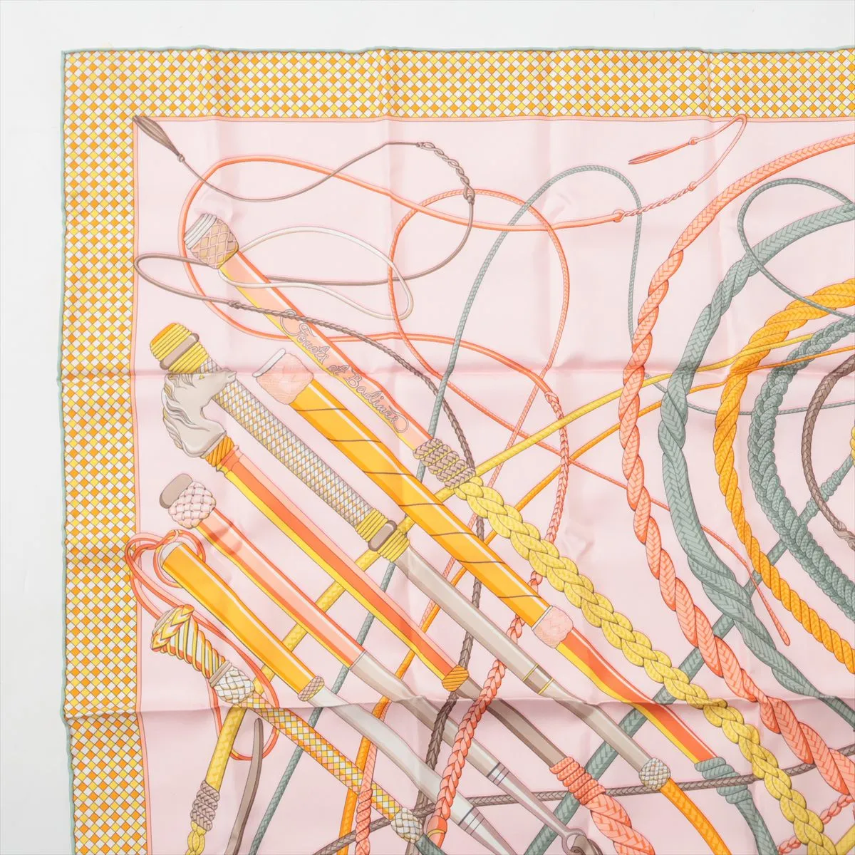 Carre 90 Fouets et Badines (Whip and Grip) Scarf, Silk, Pink. Shows wear, — view 2