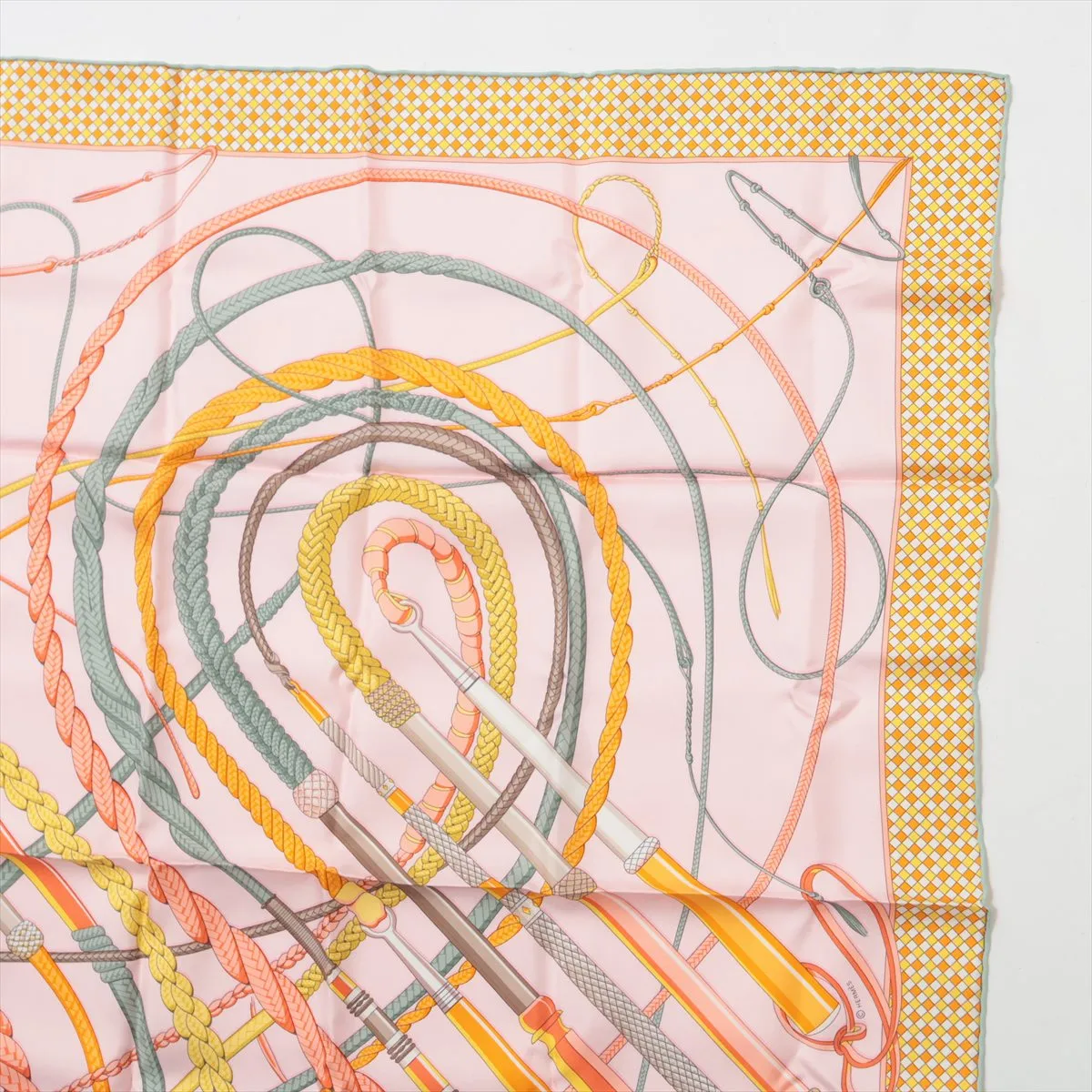 Carre 90 Fouets et Badines (Whip and Grip) Scarf, Silk, Pink. Shows wear, — view 3