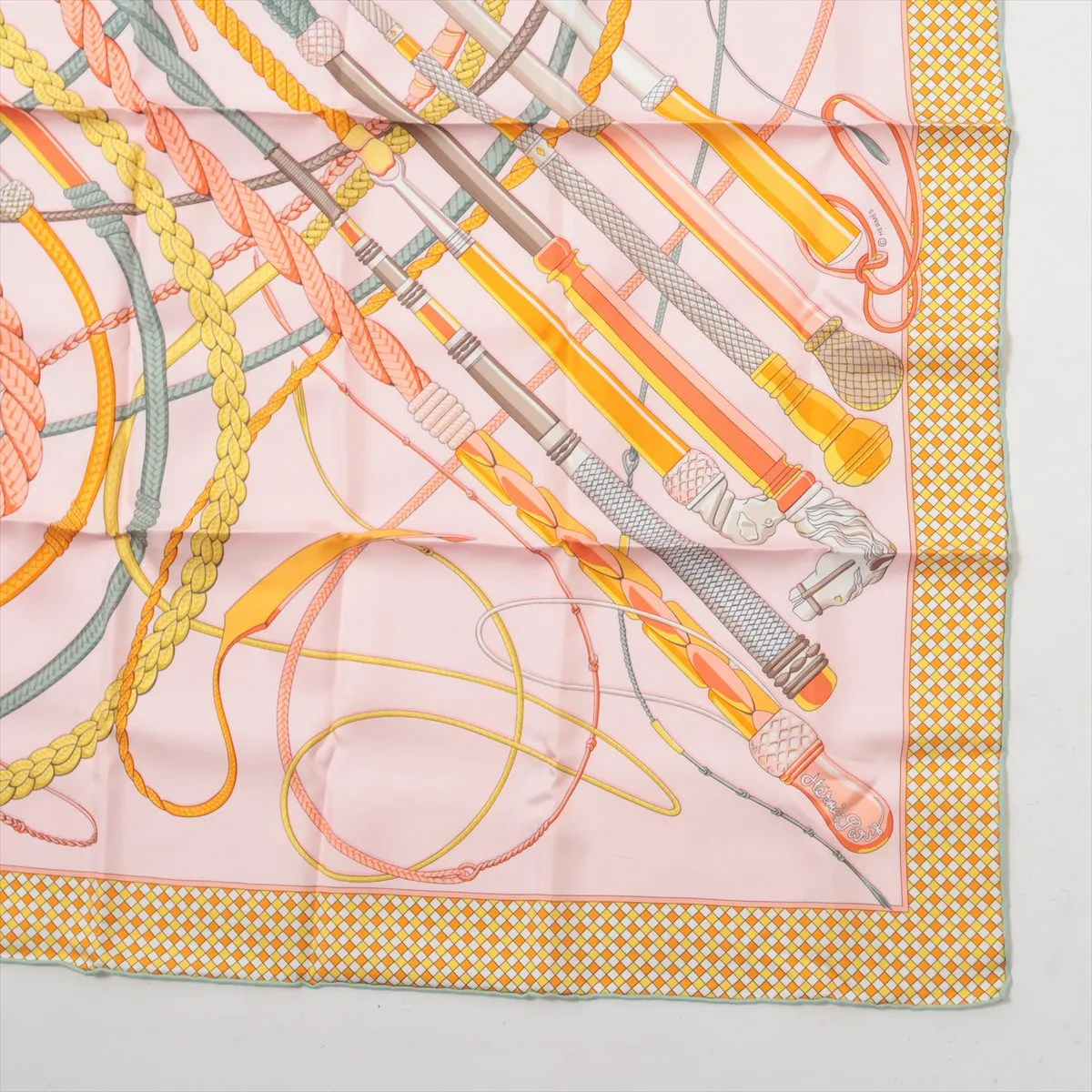 Carre 90 Fouets et Badines (Whip and Grip) Scarf, Silk, Pink. Shows wear, — view 4
