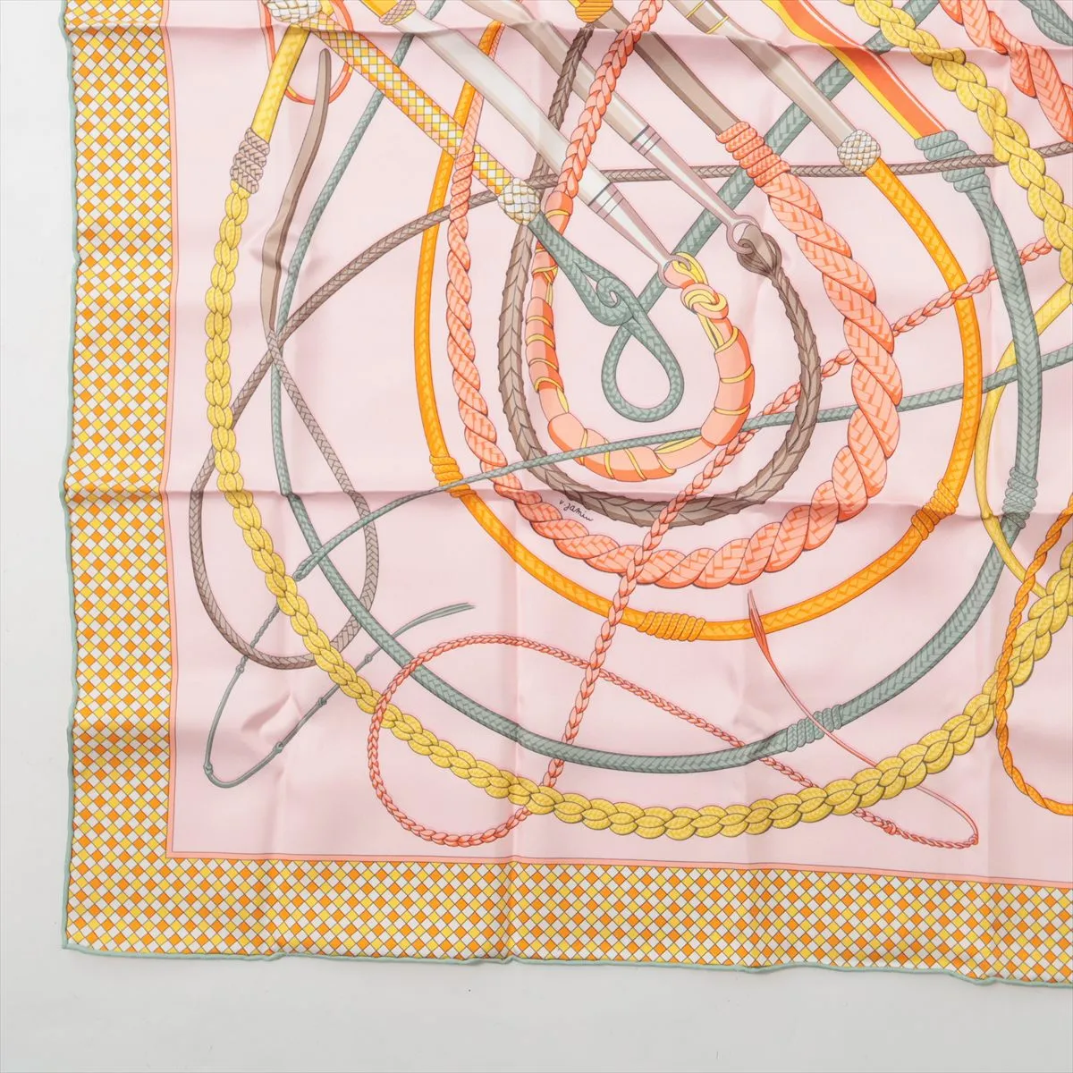 Carre 90 Fouets et Badines (Whip and Grip) Scarf, Silk, Pink. Shows wear, — view 5