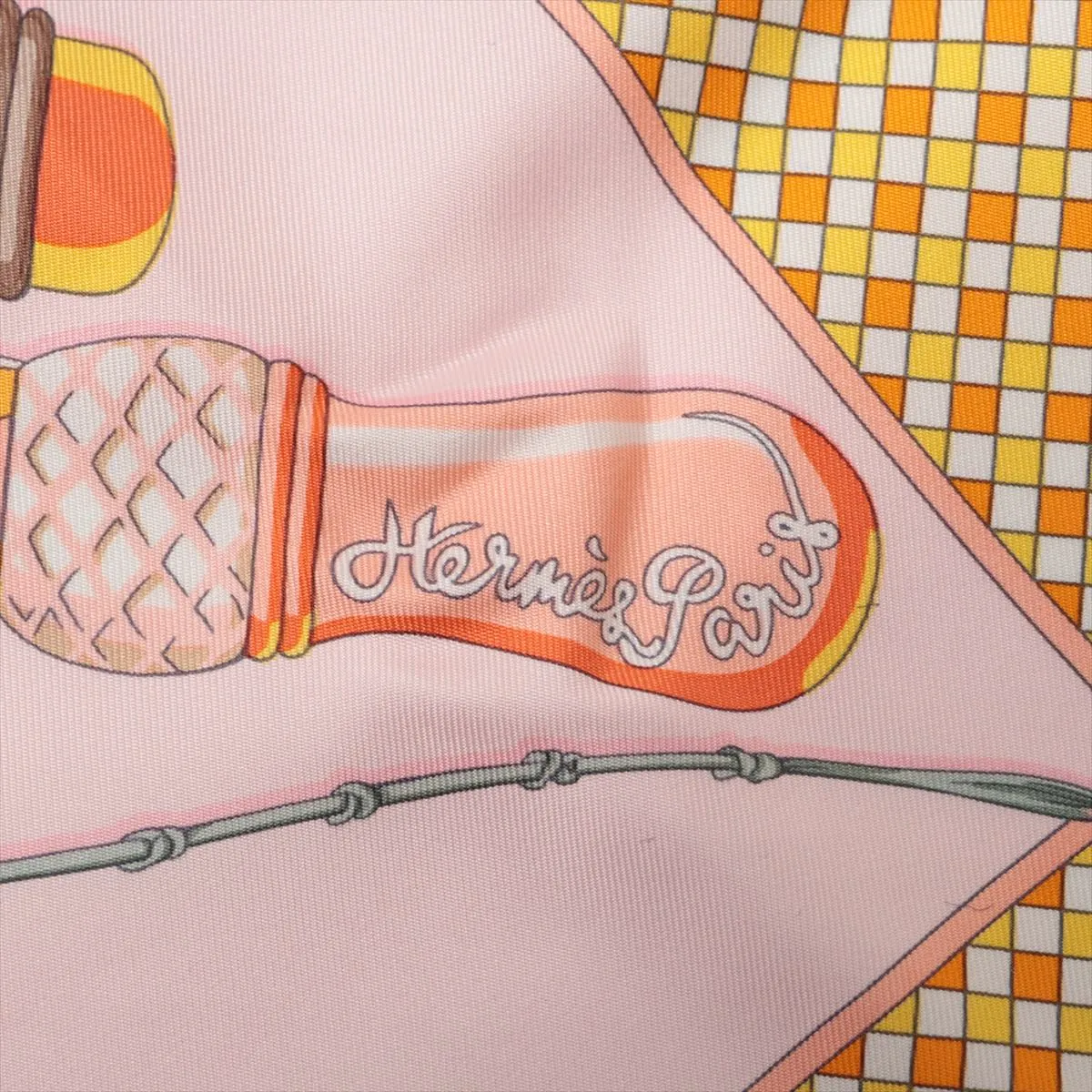 Carre 90 Fouets et Badines (Whip and Grip) Scarf, Silk, Pink. Shows wear, — view 6