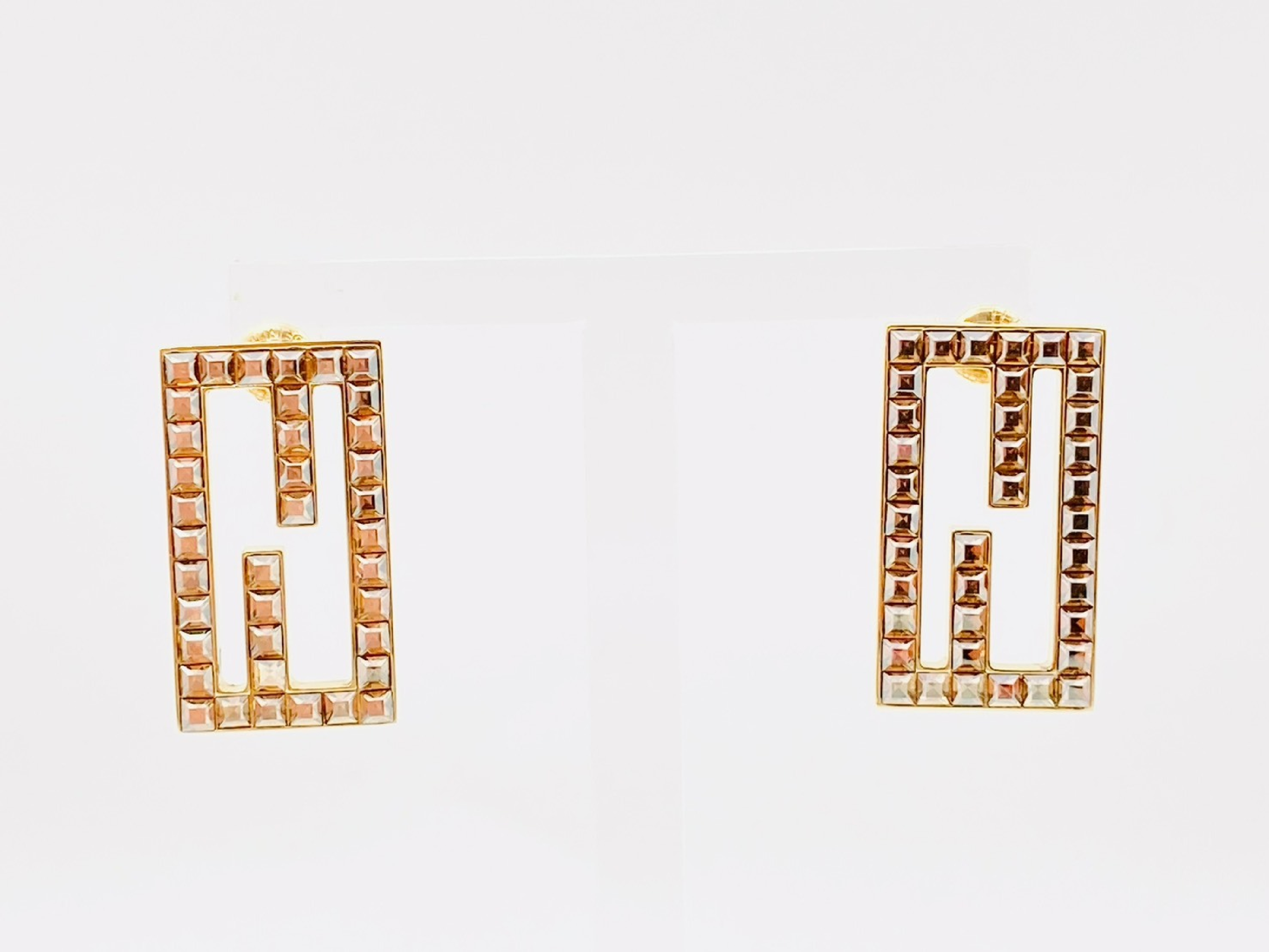 FF Logo Baguette Rhinestone Rectangle Square Gold Earrings