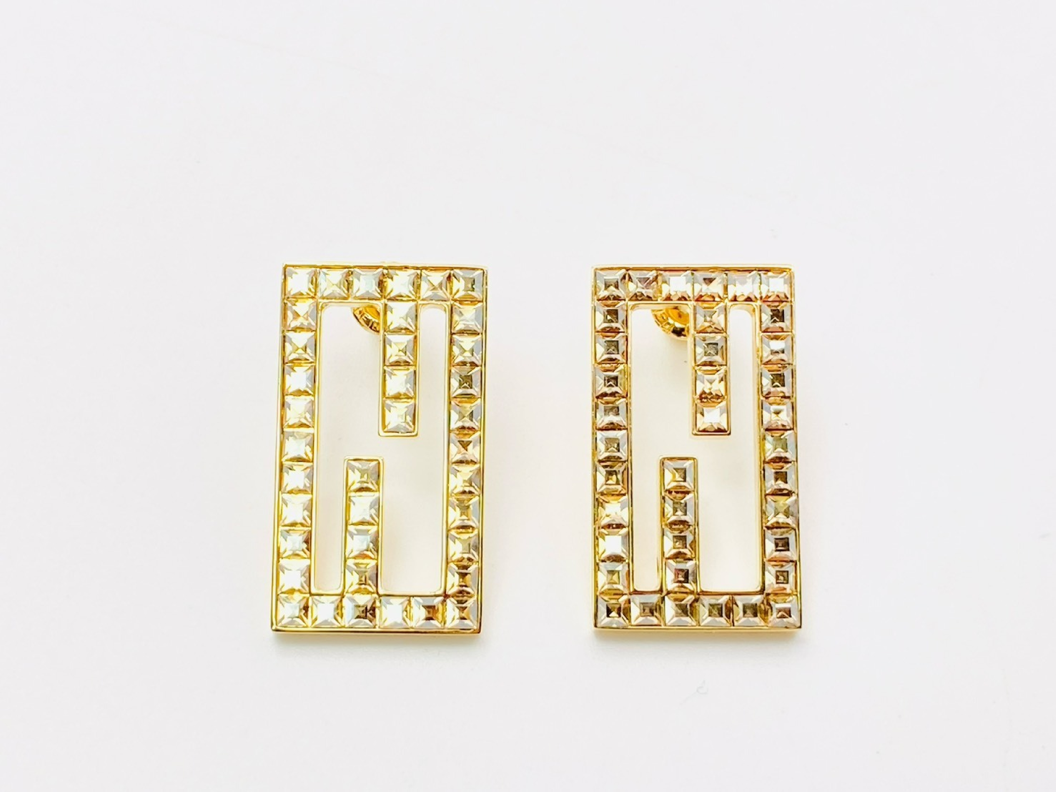 FF Logo Baguette Rhinestone Rectangle Square Gold Earrings — view 2