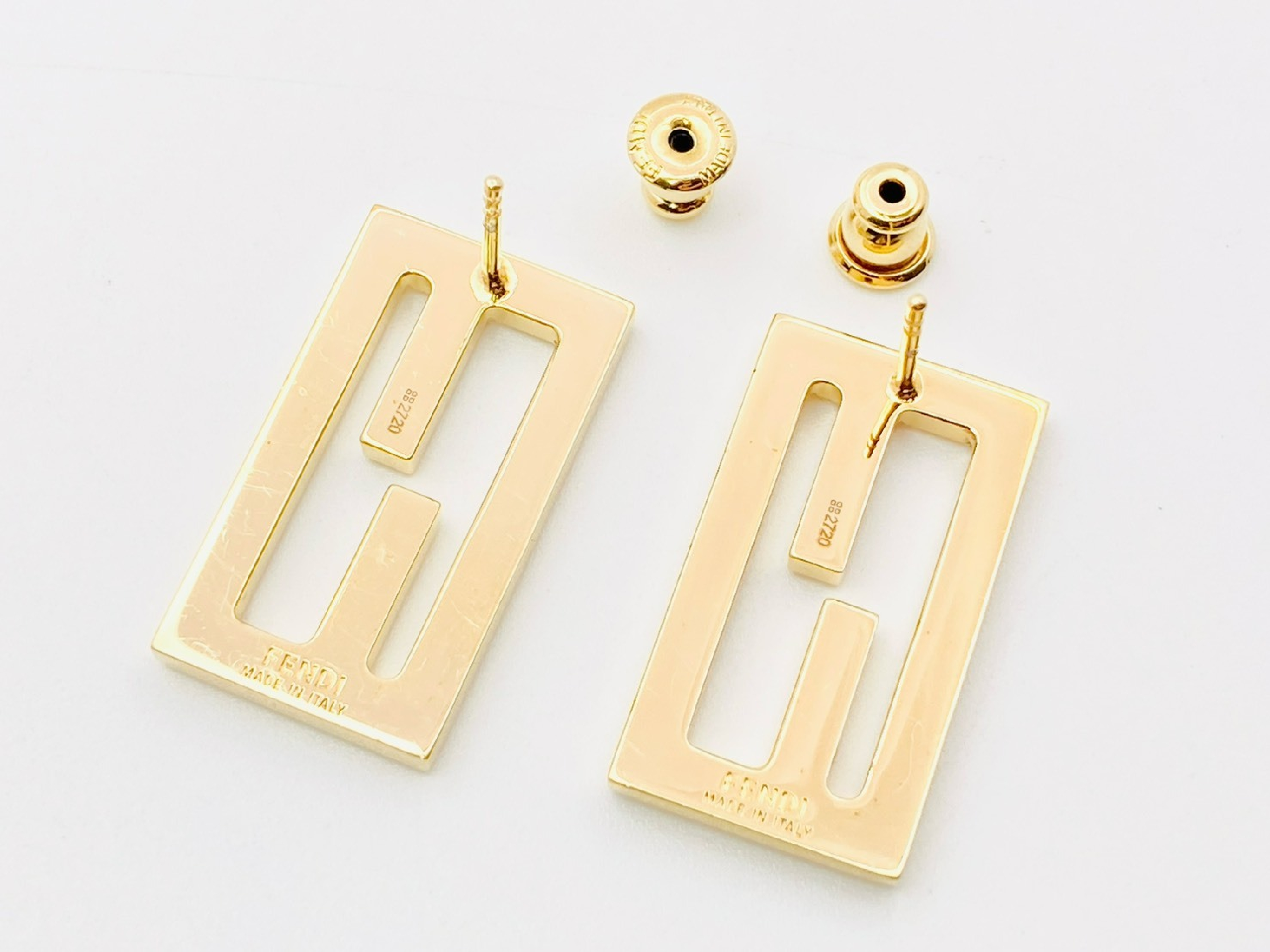 FF Logo Baguette Rhinestone Rectangle Square Gold Earrings — view 3