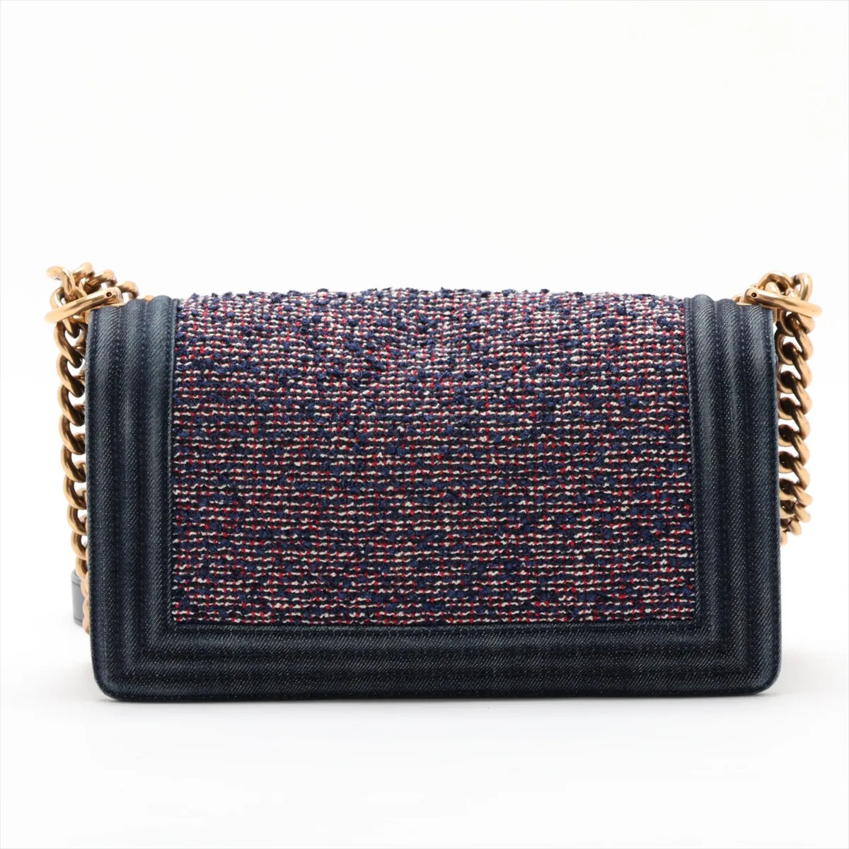 Boy Chanel 25 Denim x Tweed Chain Shoulder Bag, Navy x Red, Gold Hardware, 22335734, Serial Number 22, A67086 — view 2