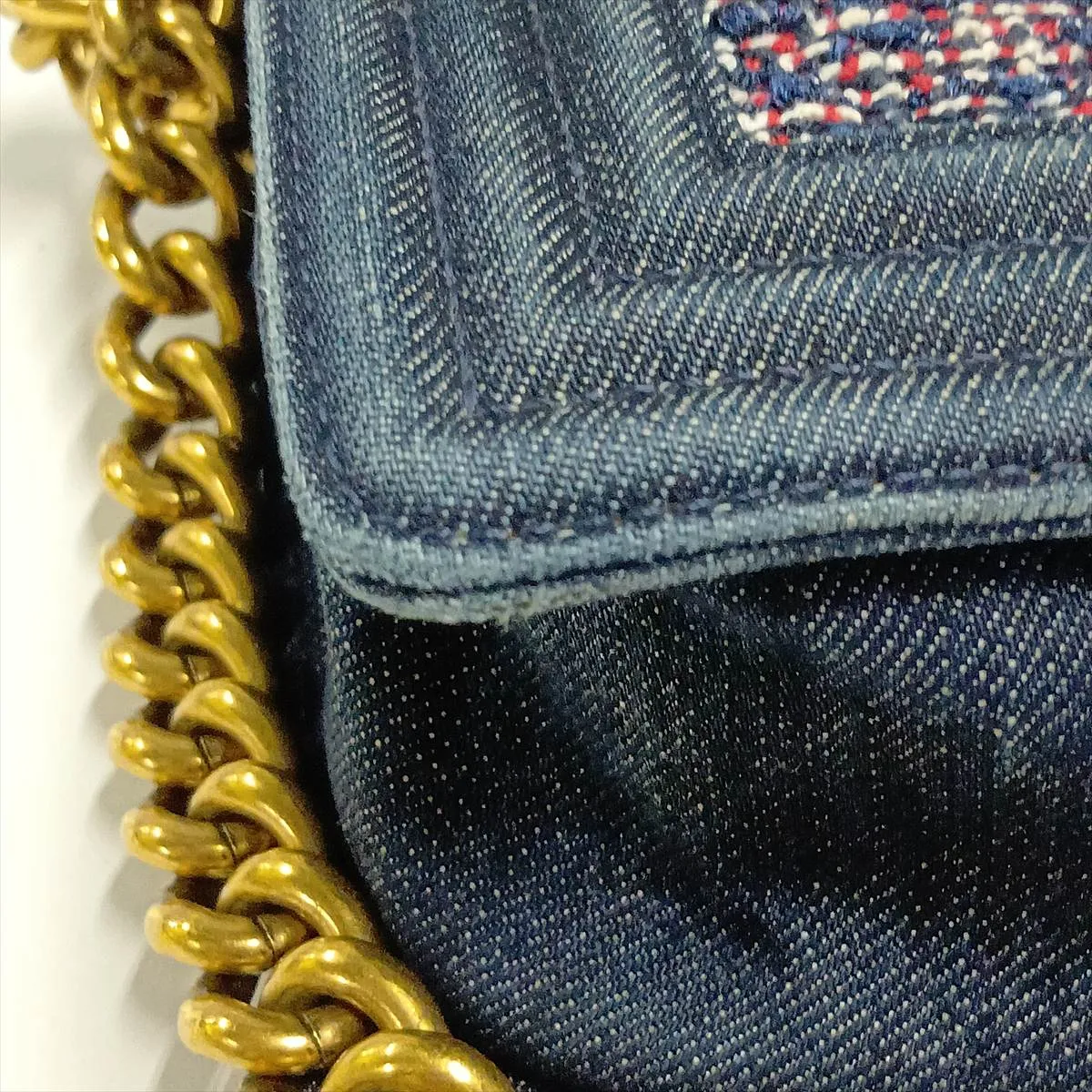 Boy Chanel 25 Denim x Tweed Chain Shoulder Bag, Navy x Red, Gold Hardware, 22335734, Serial Number 22, A67086 — view 11