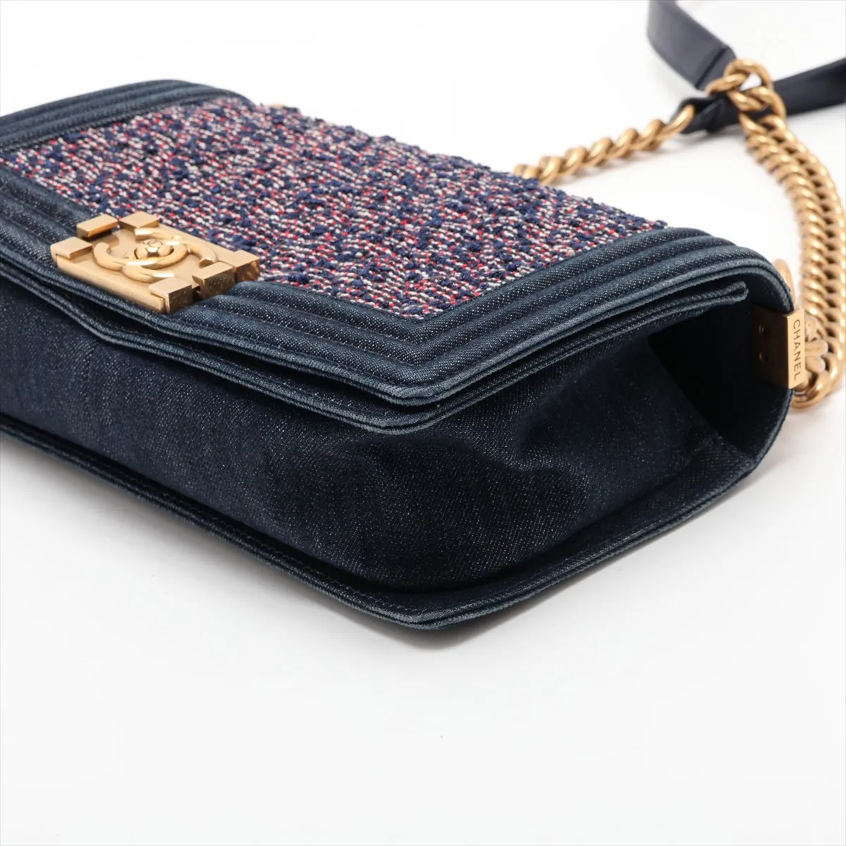 Boy Chanel 25 Denim x Tweed Chain Shoulder Bag, Navy x Red, Gold Hardware, 22335734, Serial Number 22, A67086 — view 3