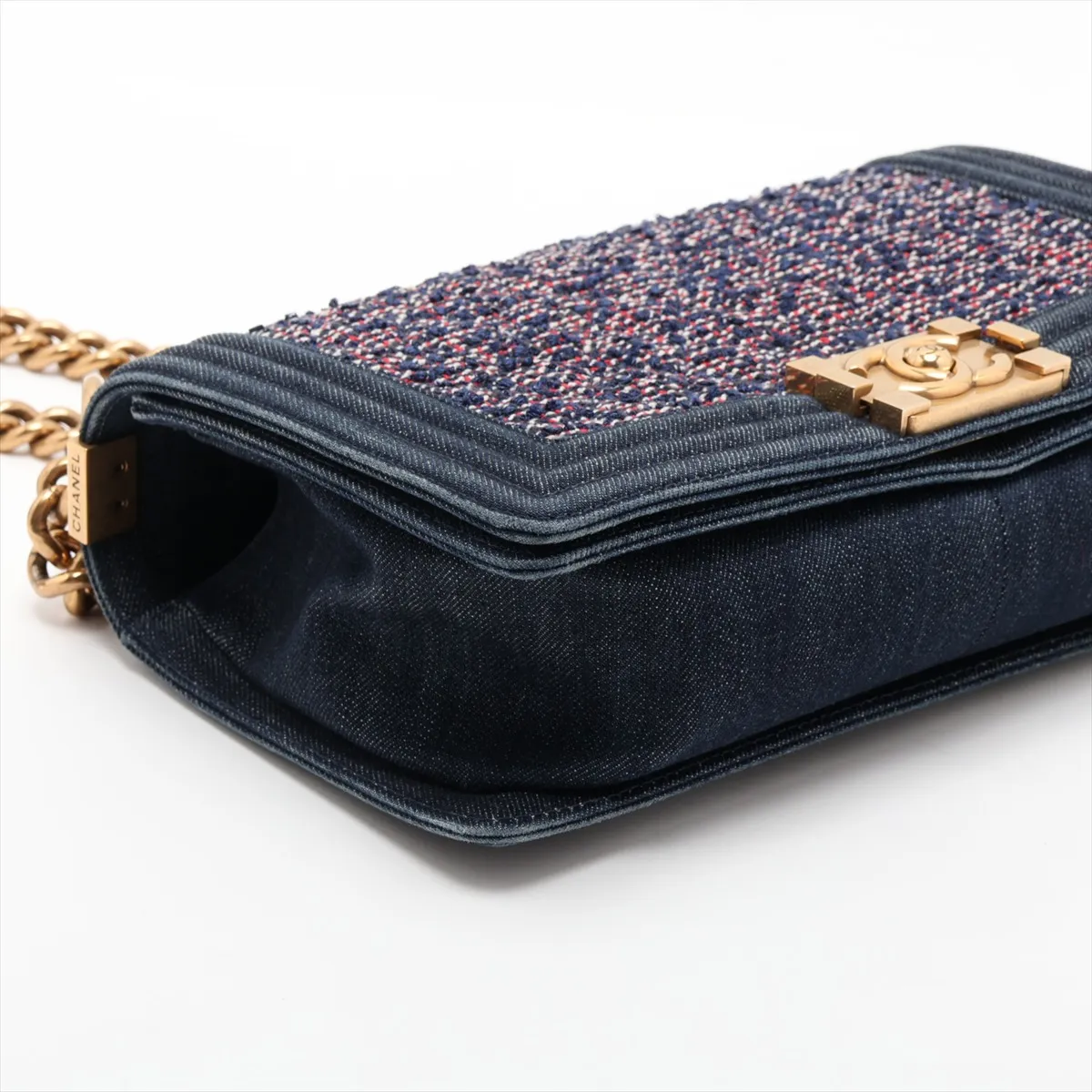 Boy Chanel 25 Denim x Tweed Chain Shoulder Bag, Navy x Red, Gold Hardware, 22335734, Serial Number 22, A67086 — view 4