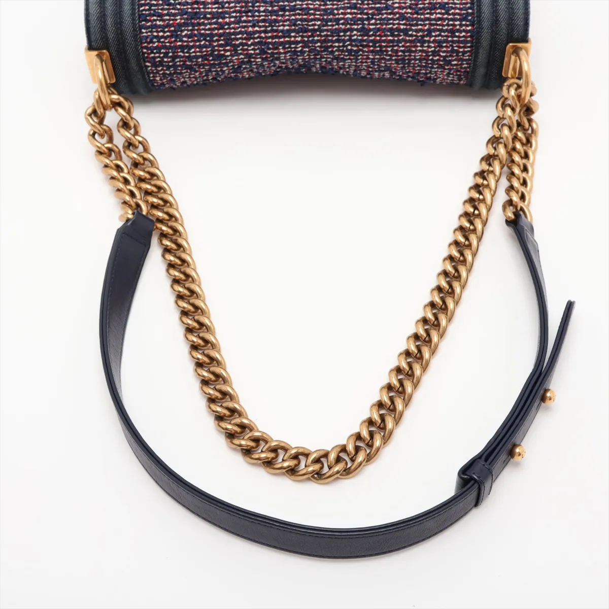 Boy Chanel 25 Denim x Tweed Chain Shoulder Bag, Navy x Red, Gold Hardware, 22335734, Serial Number 22, A67086 — view 5