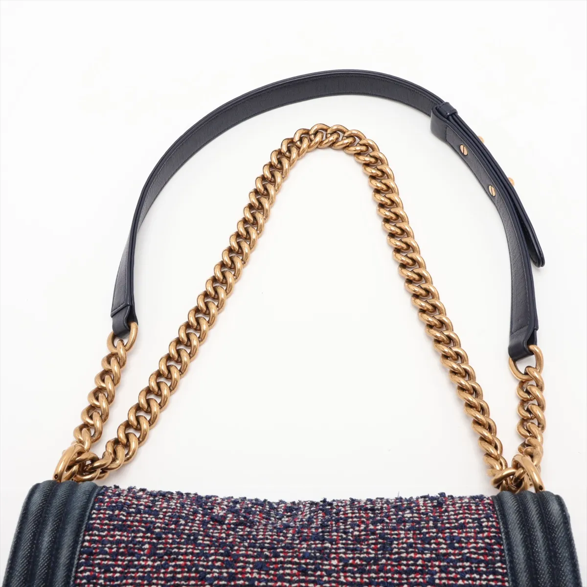 Boy Chanel 25 Denim x Tweed Chain Shoulder Bag, Navy x Red, Gold Hardware, 22335734, Serial Number 22, A67086 — view 6