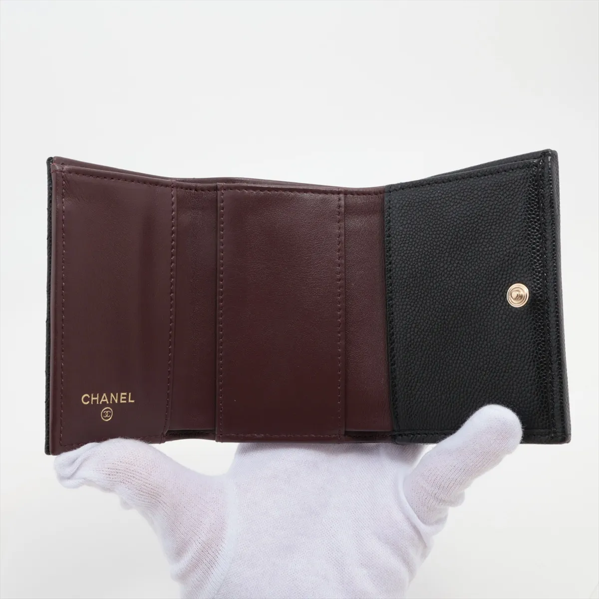 Matelassé Caviar Skin Compact Wallet, Black with Gold Hardware, AKT4N6K5 — view 3