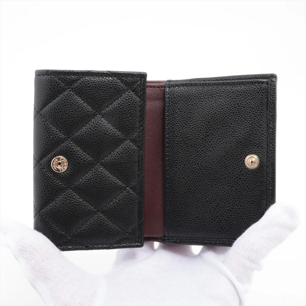 Matelassé Caviar Skin Compact Wallet, Black with Gold Hardware, AKT4N6K5 — view 4