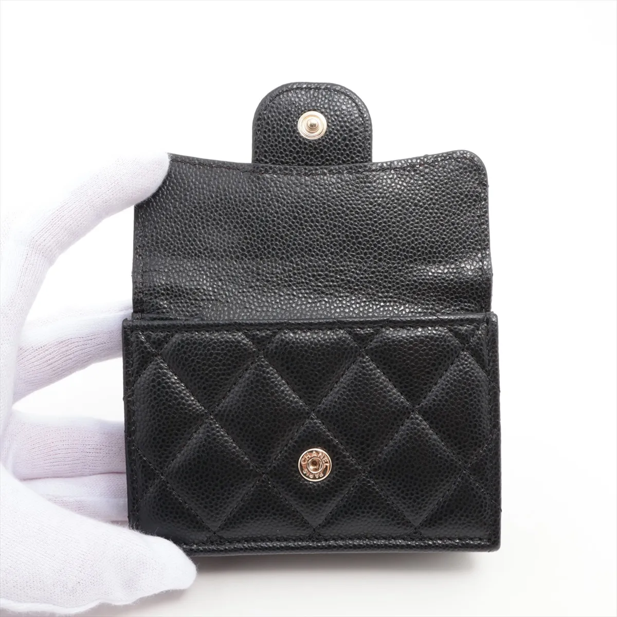 Matelassé Caviar Skin Compact Wallet, Black with Gold Hardware, AKT4N6K5 — view 5