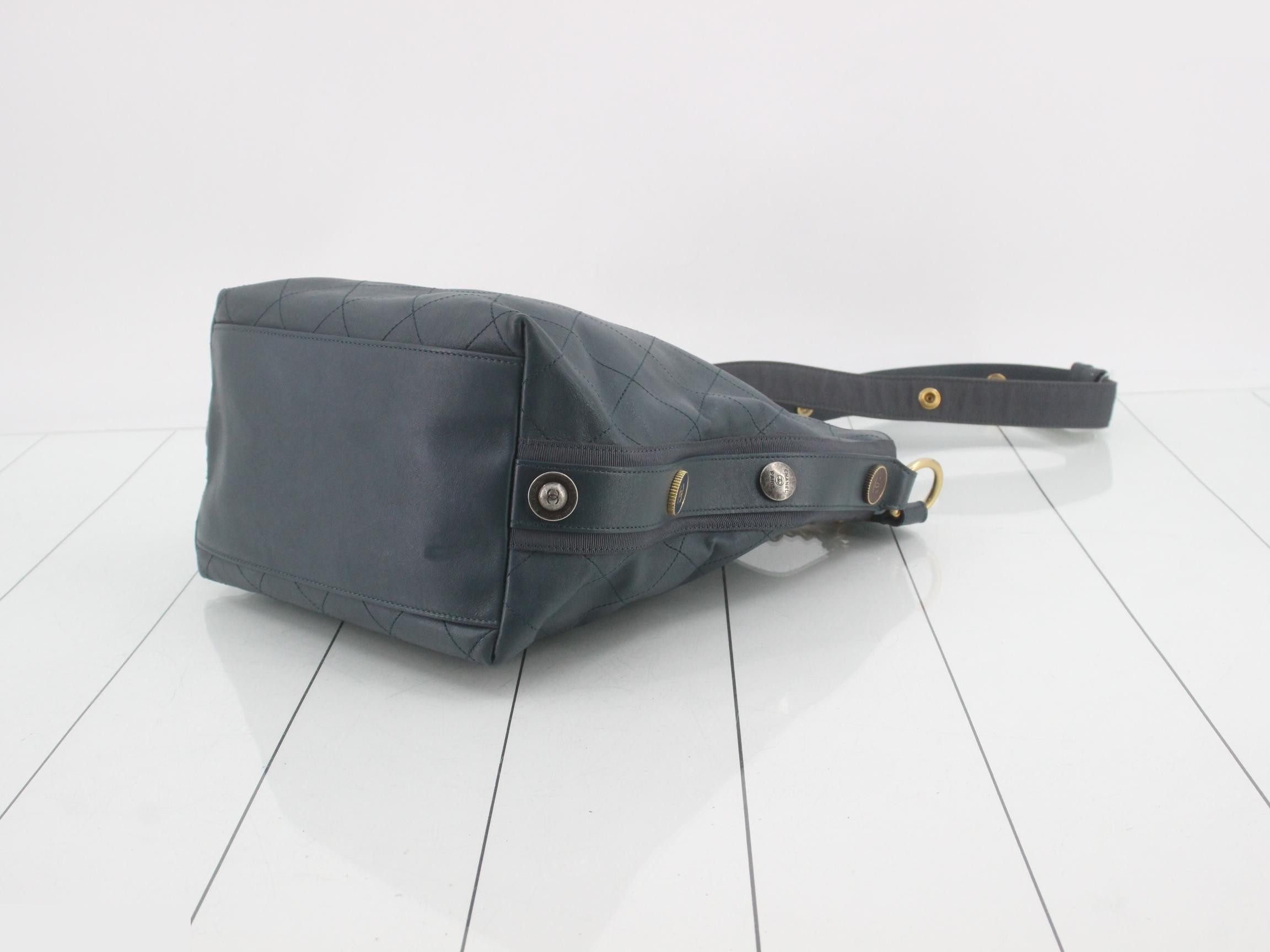 Leather Turnlock 2-Way Shoulder Bag, Blue — view 6