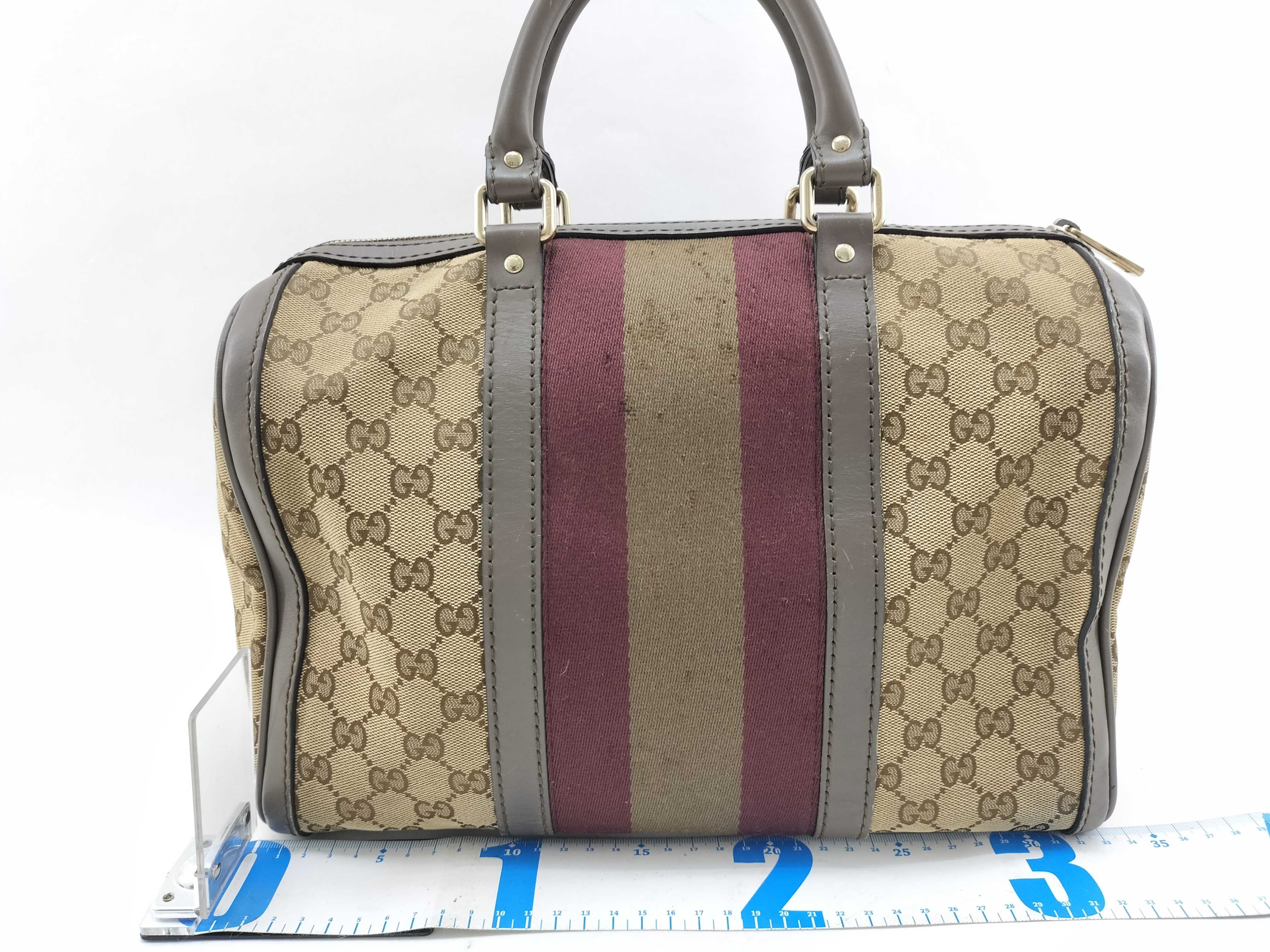 GG Canvas Grey and Red Canvas GG Monogram Boston Bag with Long Shoulder Strap (Handbag) — view 2