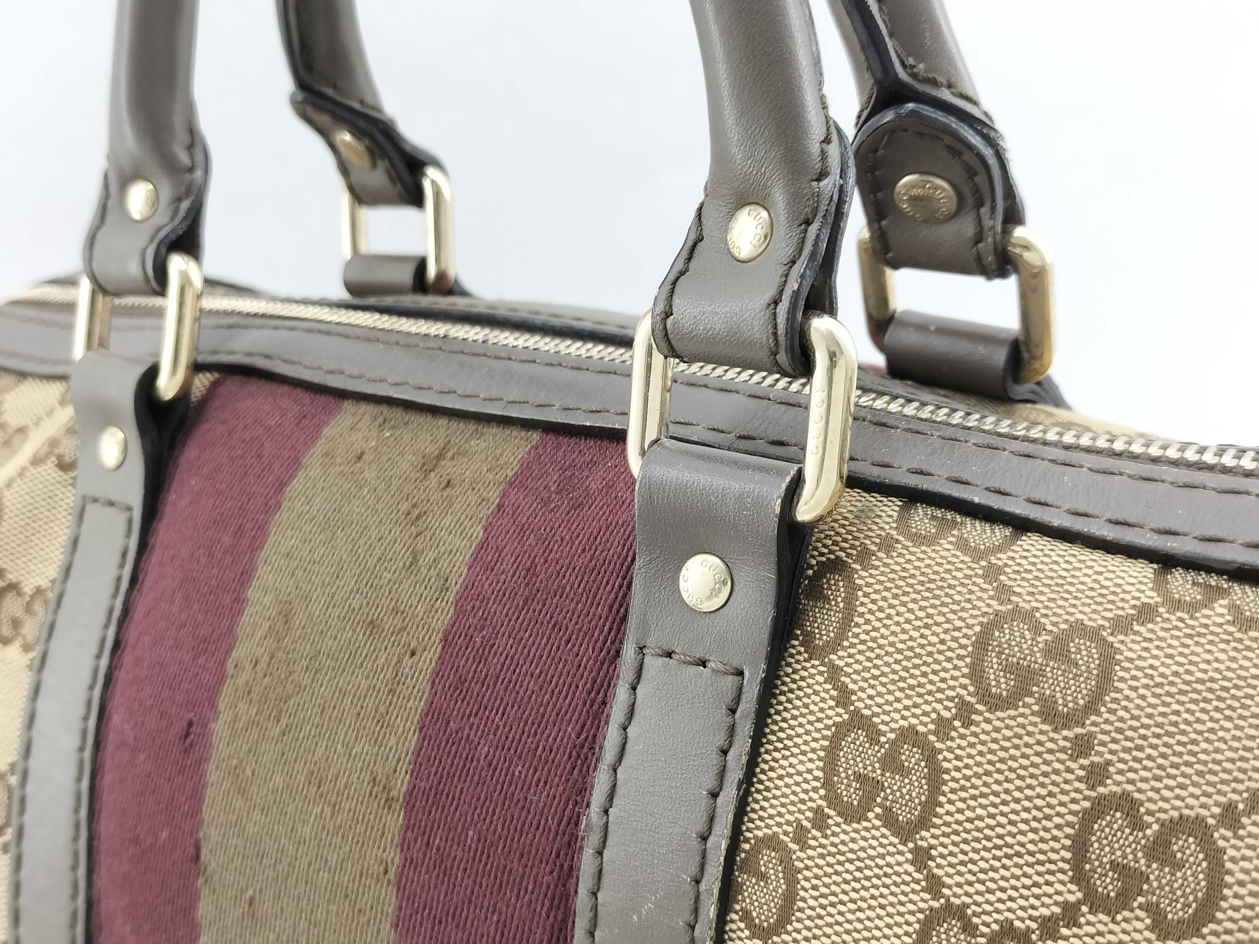 GG Canvas Grey and Red Canvas GG Monogram Boston Bag with Long Shoulder Strap (Handbag) — view 3