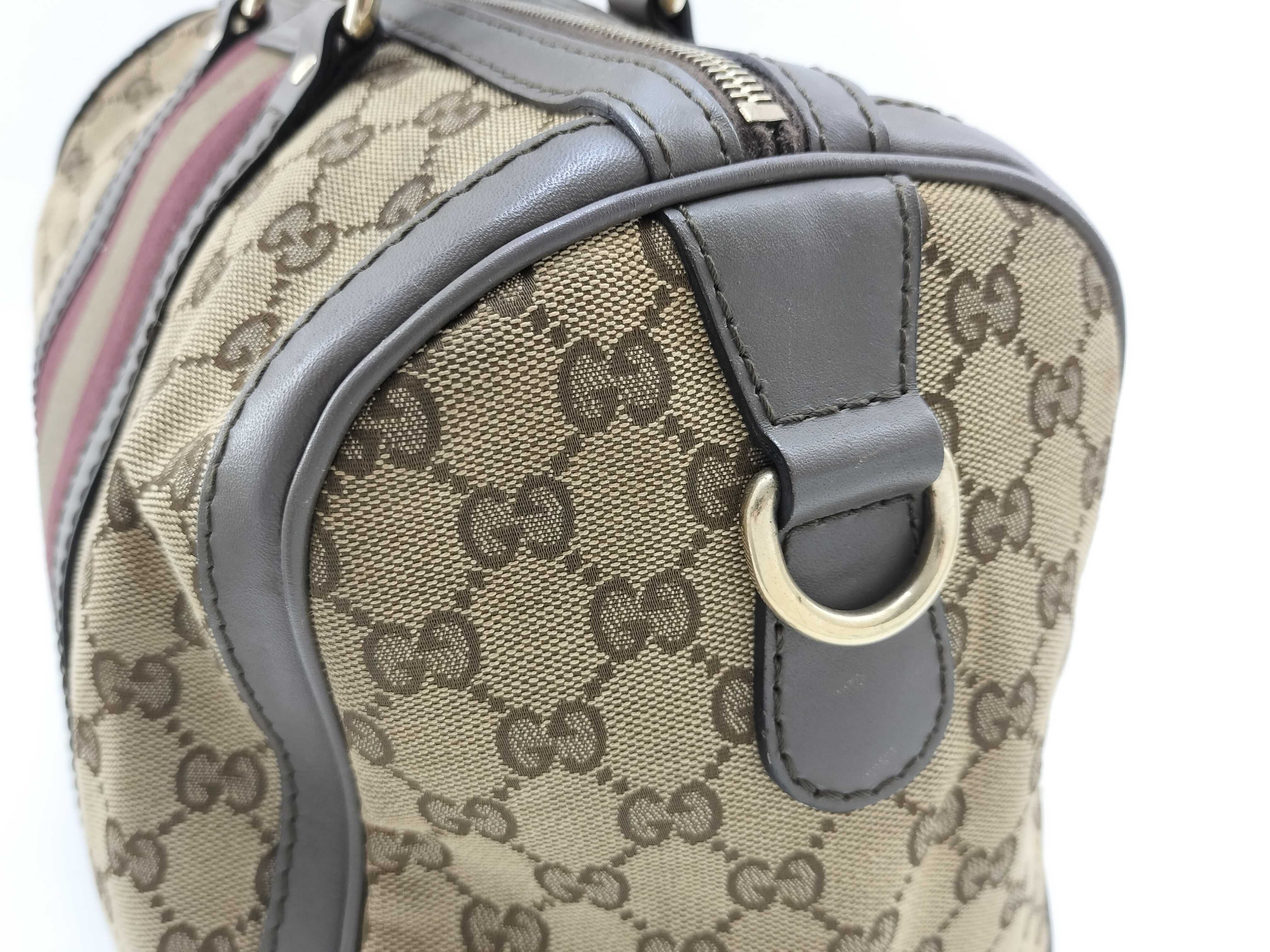 GG Canvas Grey and Red Canvas GG Monogram Boston Bag with Long Shoulder Strap (Handbag) — view 6